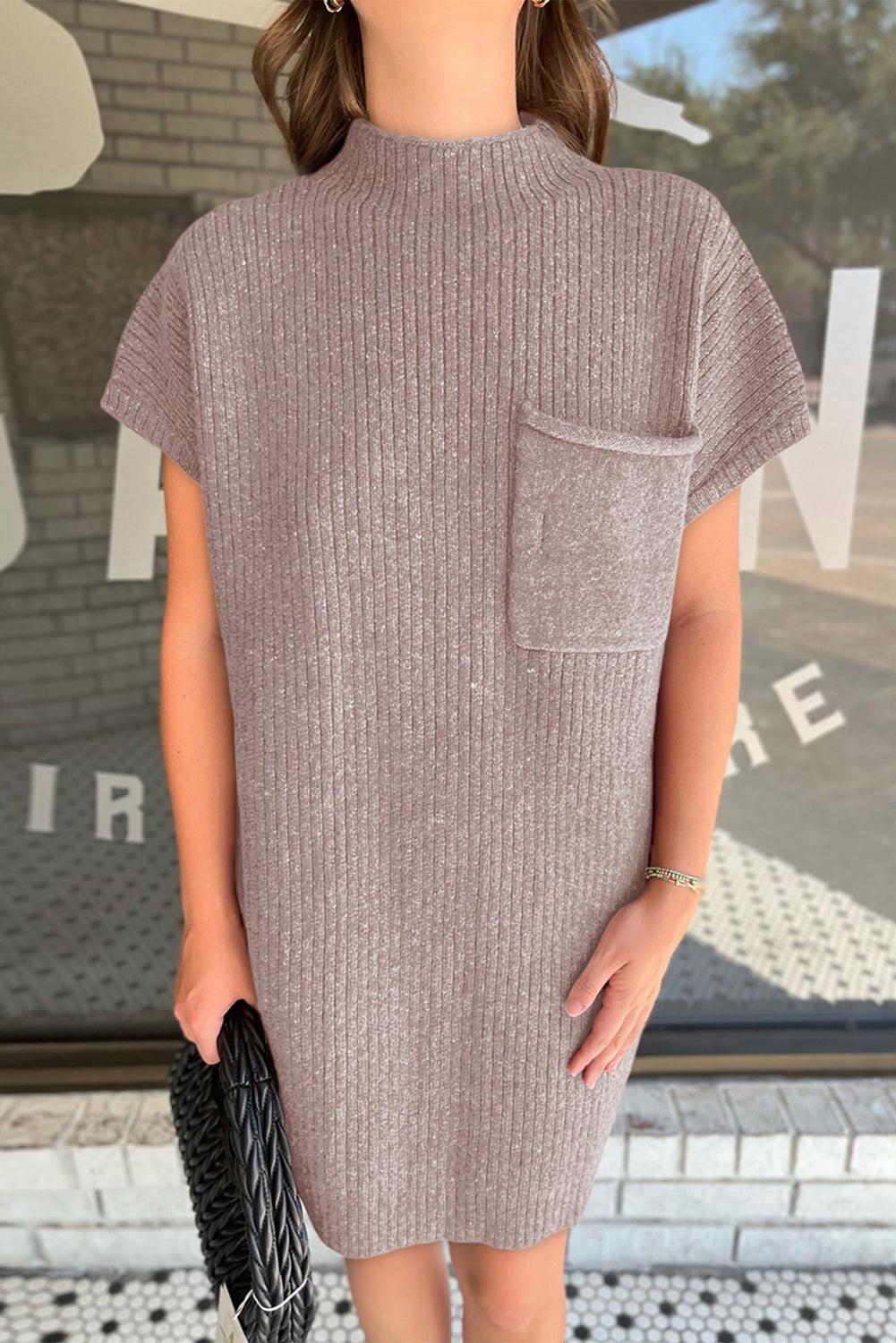 Buy dusty-pink Ribbed Pocketed Mock Neck Short Sleeve Sweater