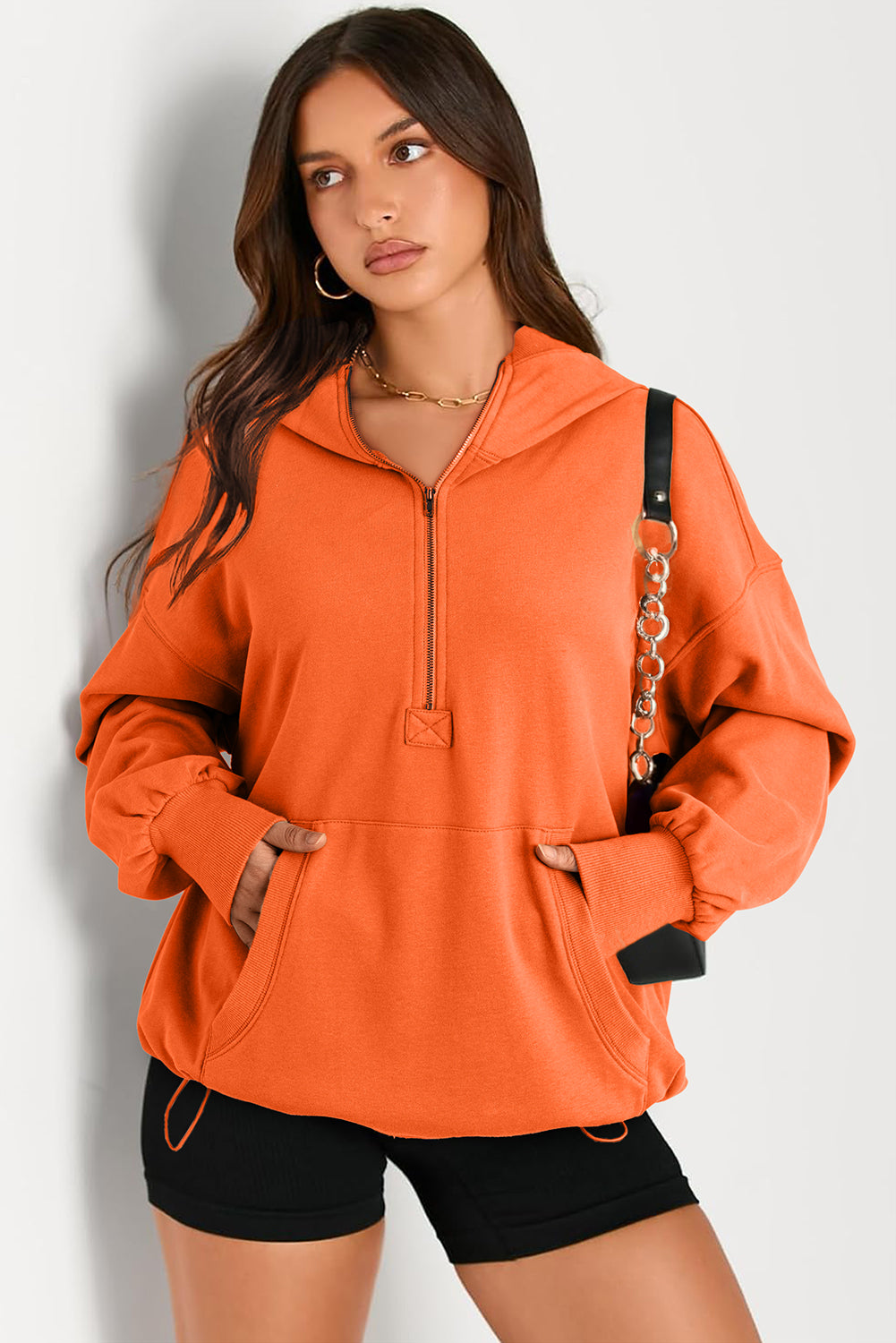 Buy orange Pocketed Half Zip Long Sleeve Hoodie