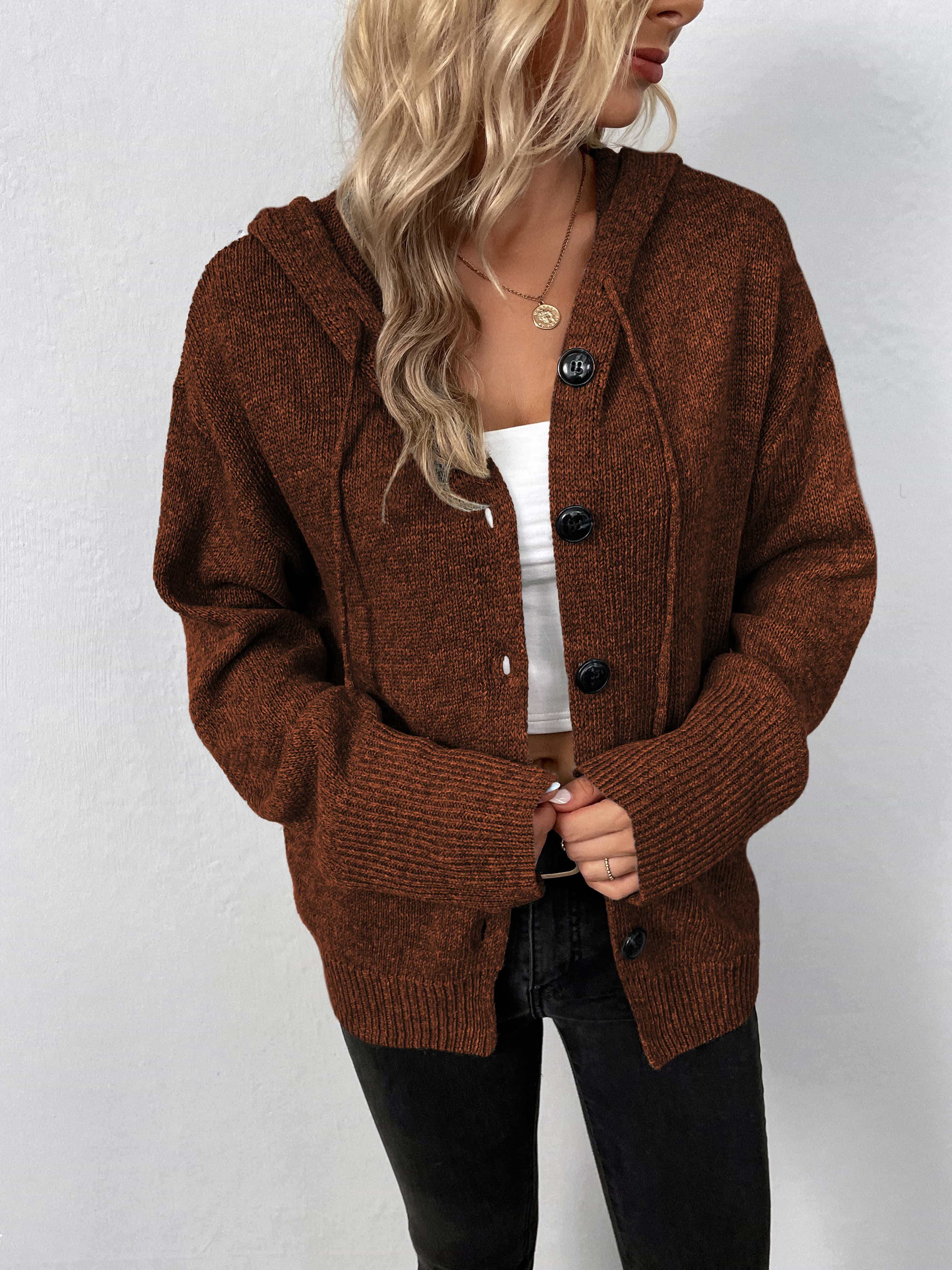 Buy brown Button-Down Long Sleeve Hooded Sweater