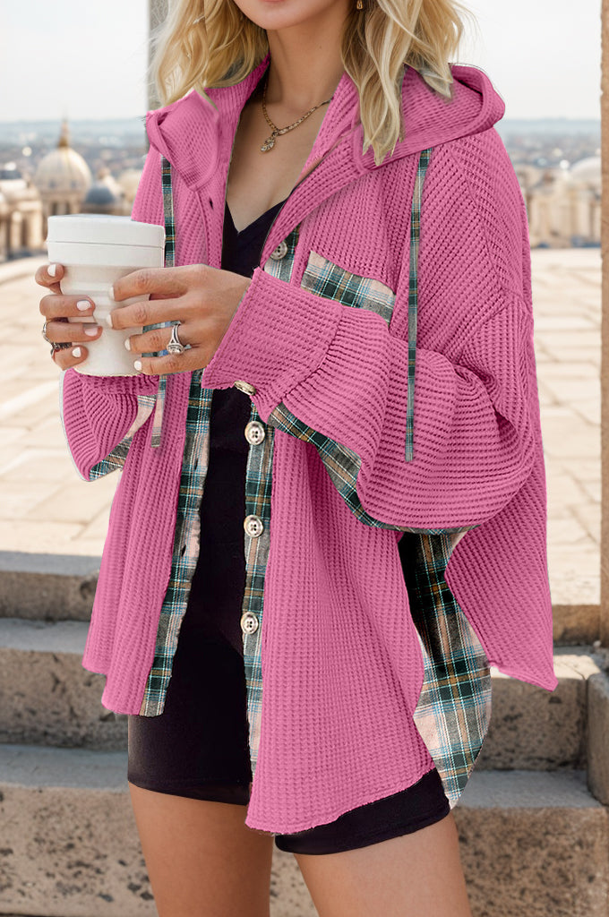 Buy hot-pink Plaid Waffle-Knit Drawstring Hooded Jacket