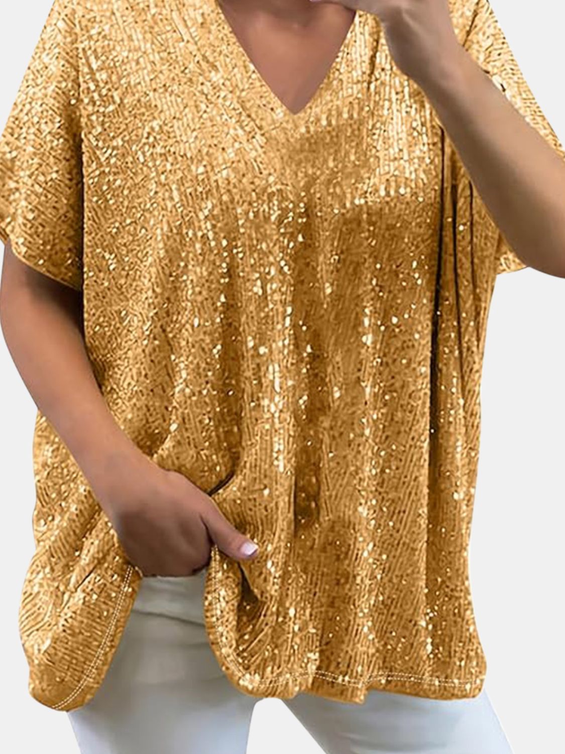 Buy brass Full Size Sequin V-Neck Short Sleeve Top