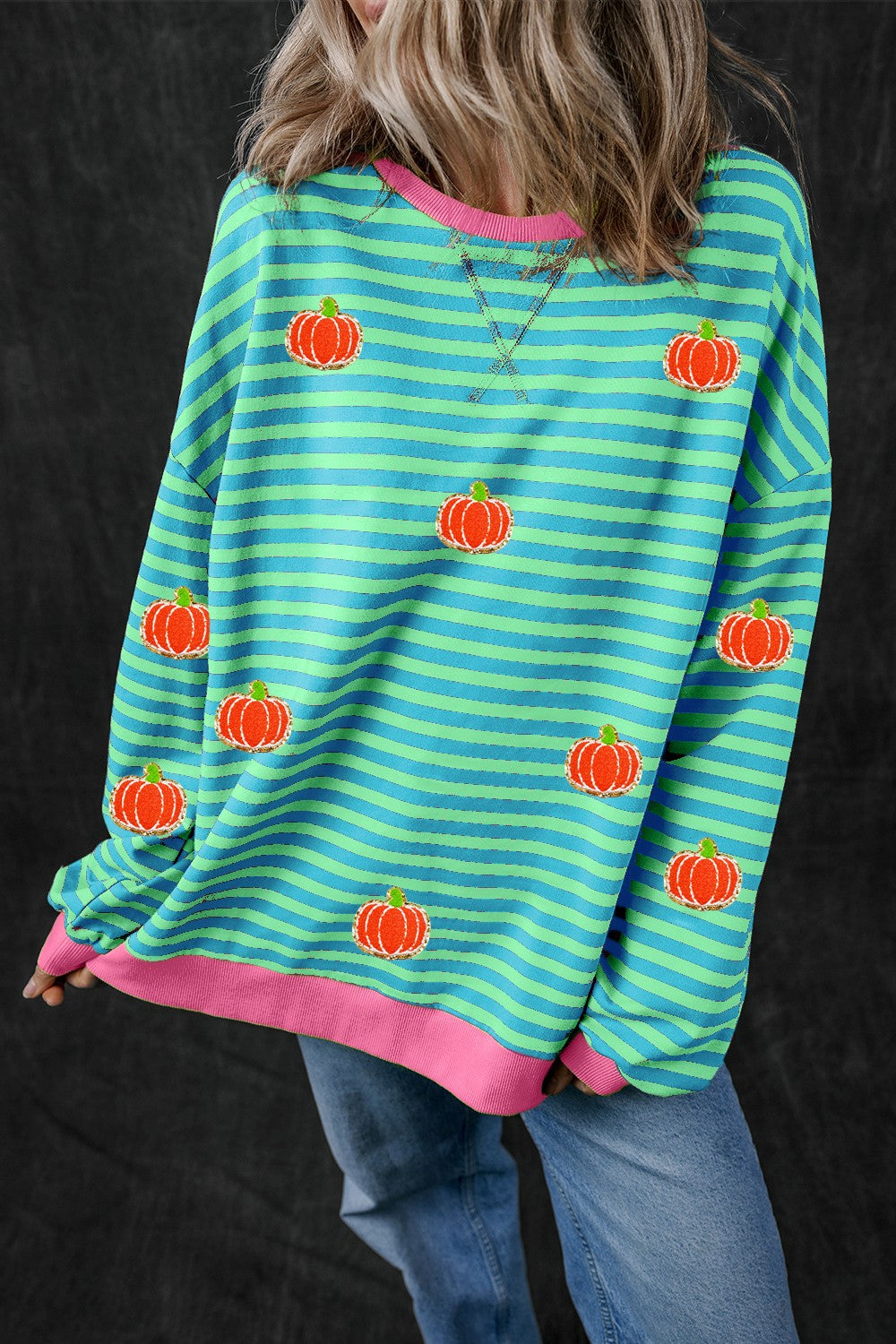 Buy turquoise Pumpkin Striped Long Sleeve Sweatshirt