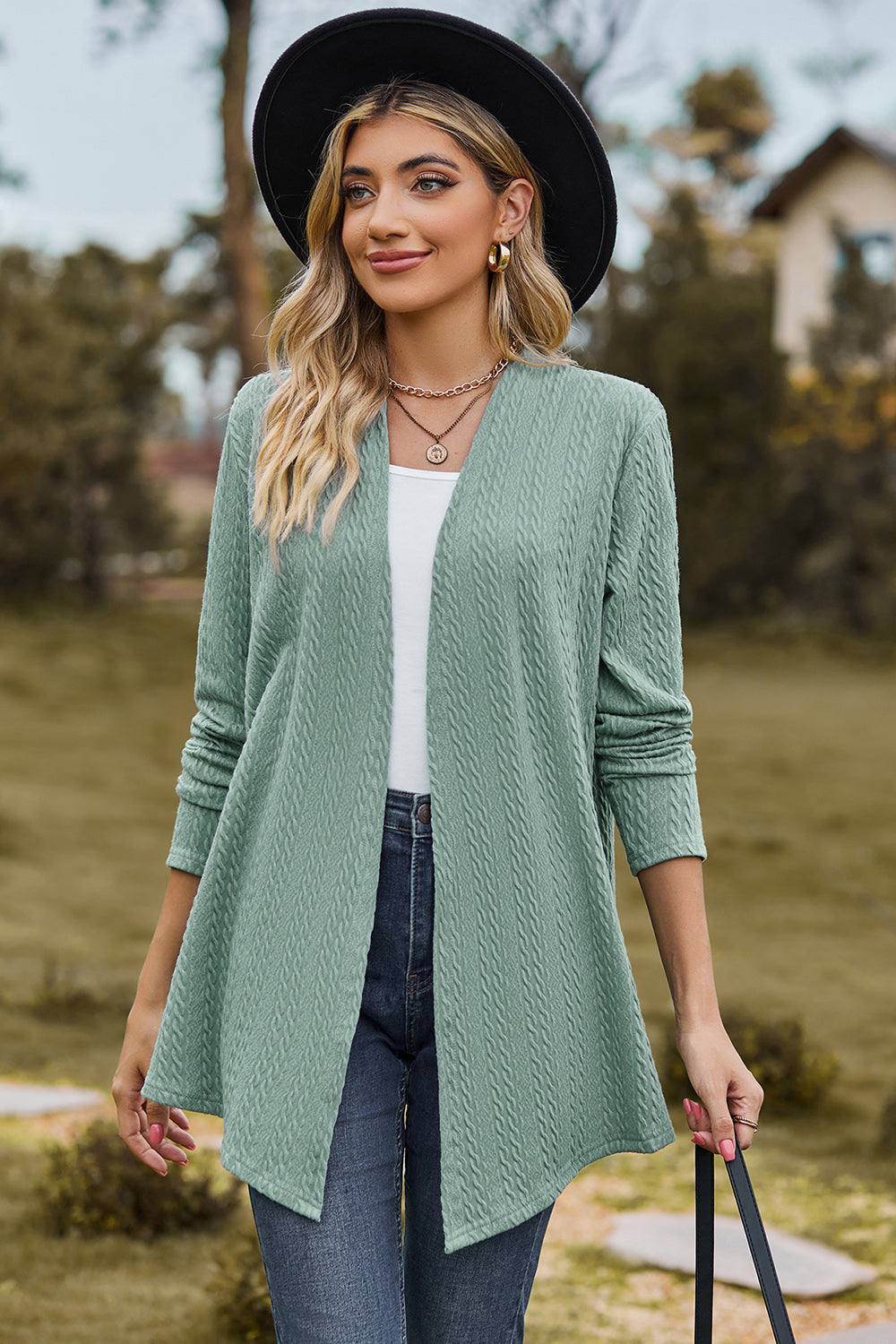 Buy light-green Textured Open Front Long Sleeve Cardigan