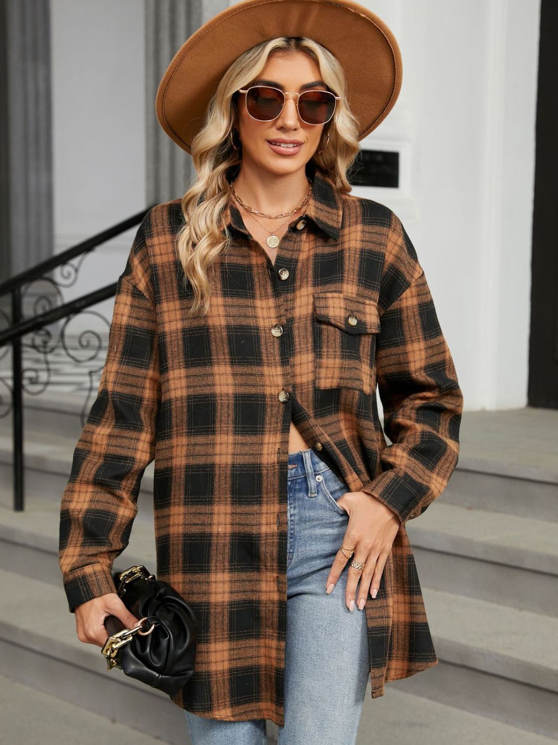 Buy caramel Plaid Collared Neck Long Sleeve Shirt