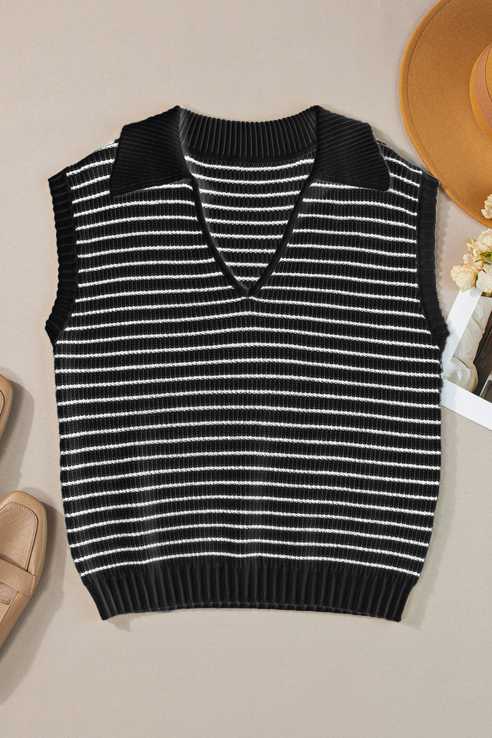 Buy black Striped Collared Neck Tank