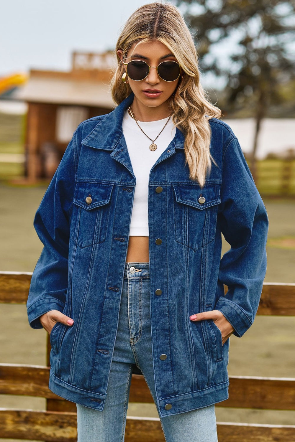 Buy dark Buttoned Collared Neck Denim Jacket with Pockets