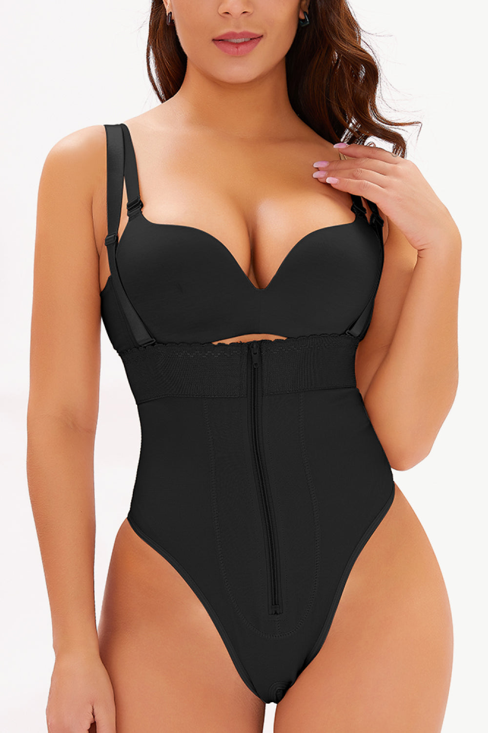 Buy black Full Size Adjustable Strap Zip-Up Shaping Bodysuit