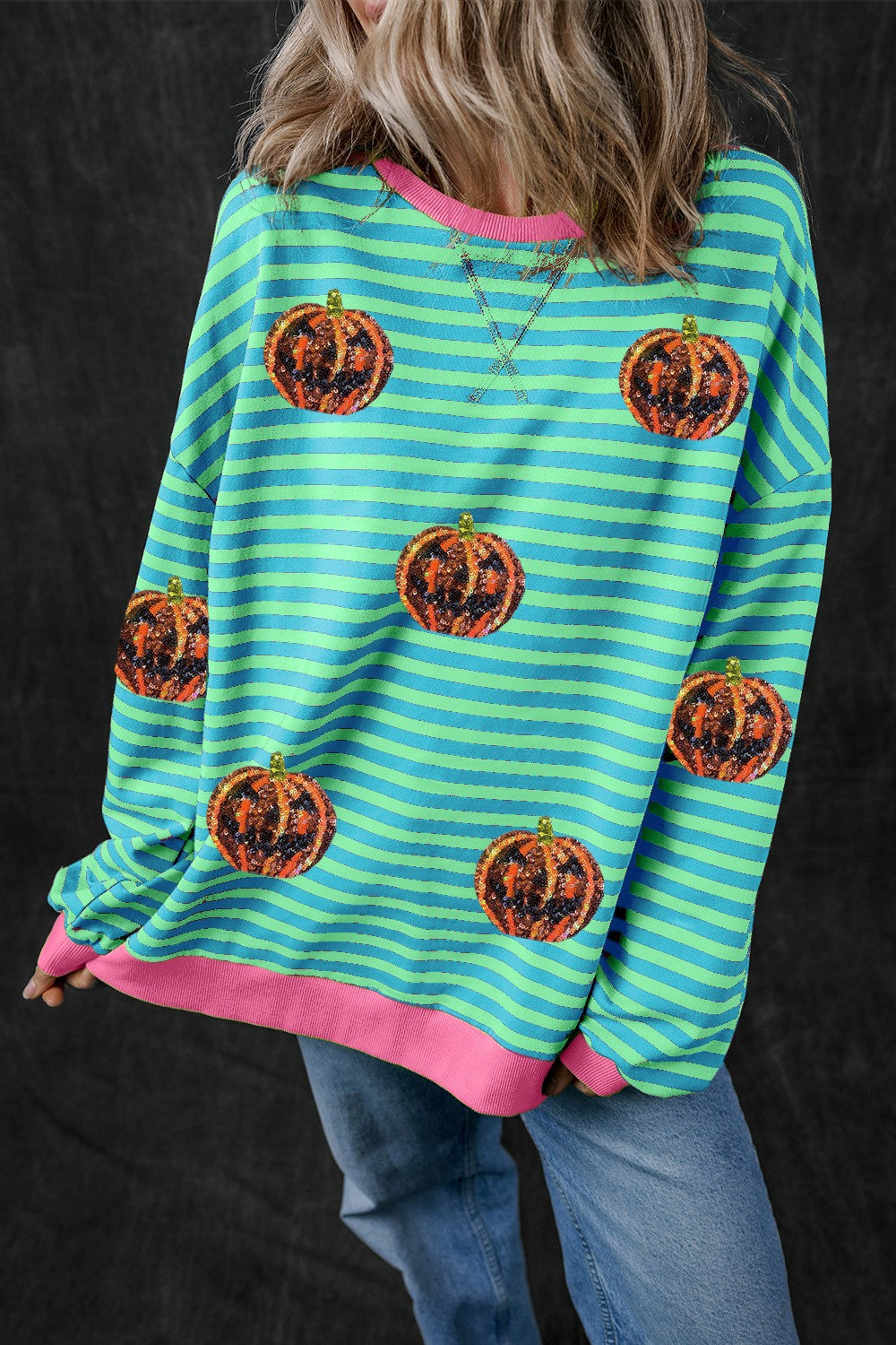 Buy turquoise Pumpkin Striped Round Neck Long Sleeve Sweatshirt