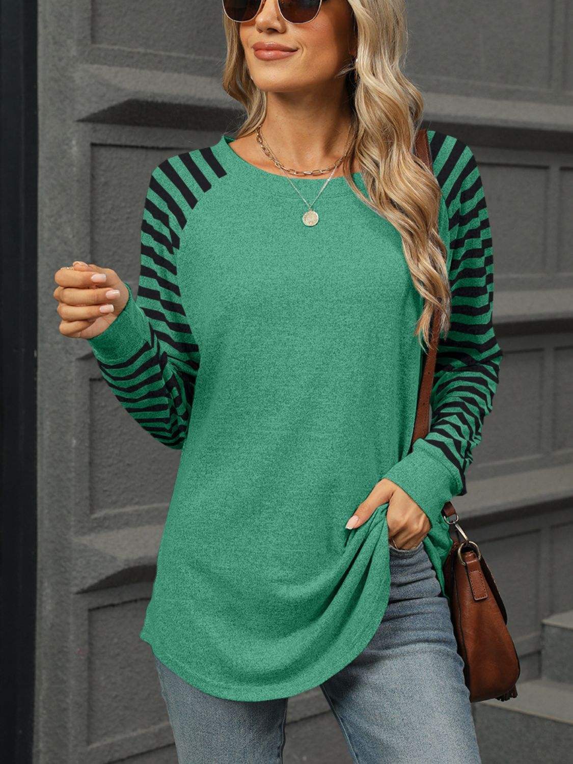 Buy dark-green Striped Round Neck Long Sleeve T-Shirt