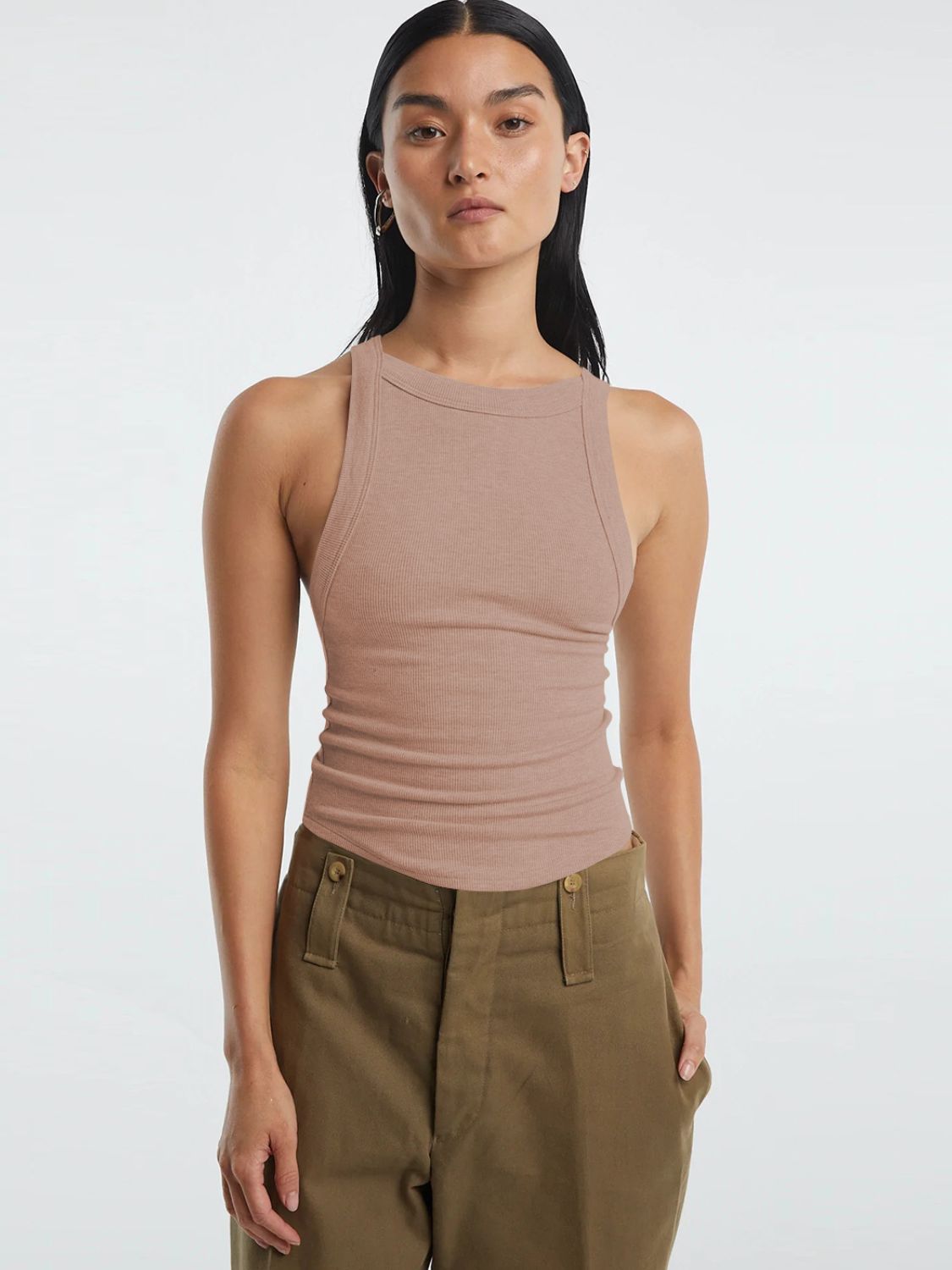 Buy dusty-pink Halter Neck Ribbed Cropped Top