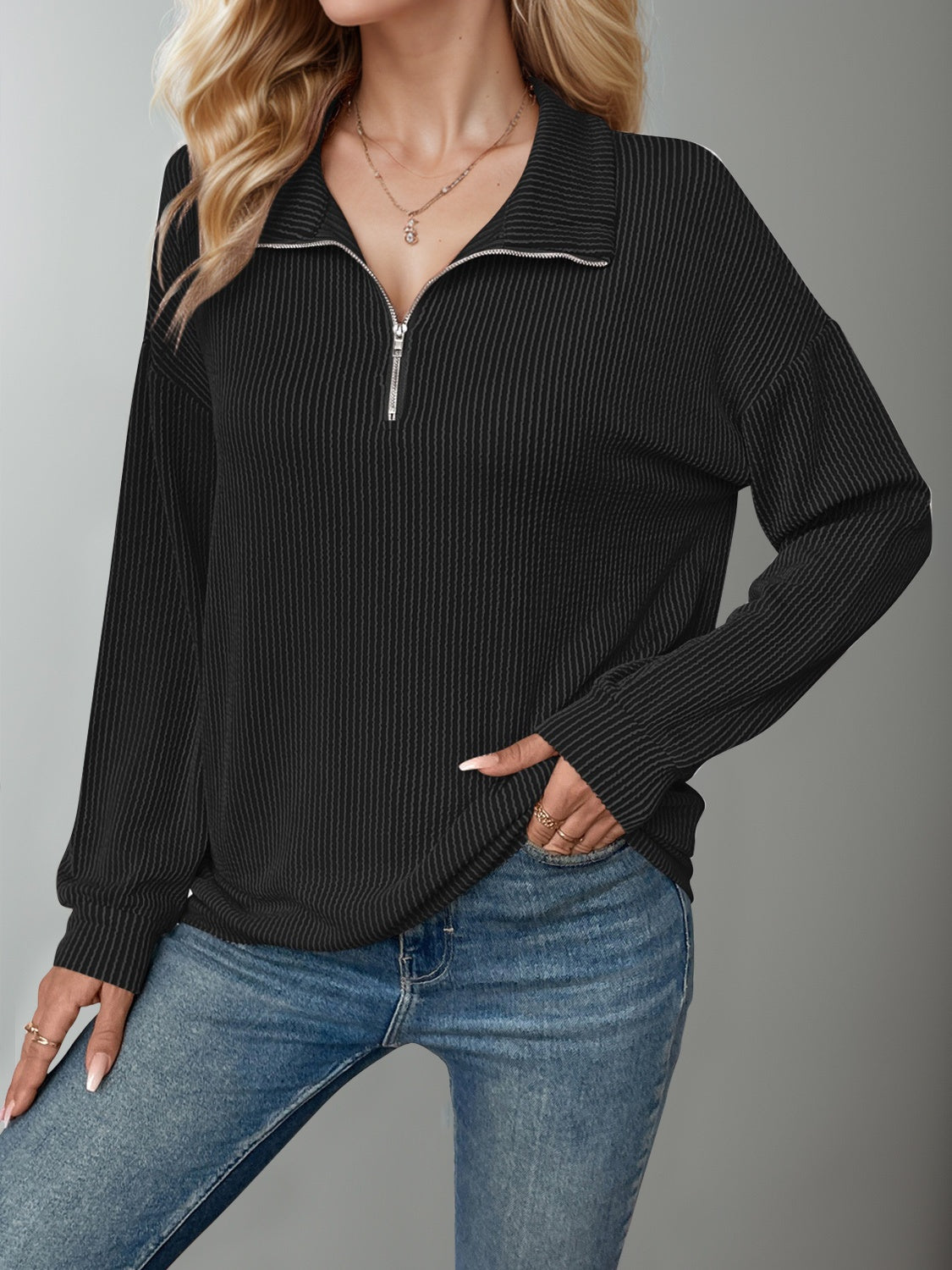 Buy black Double Take Striped Half Zip Long Sleeve T-Shirt