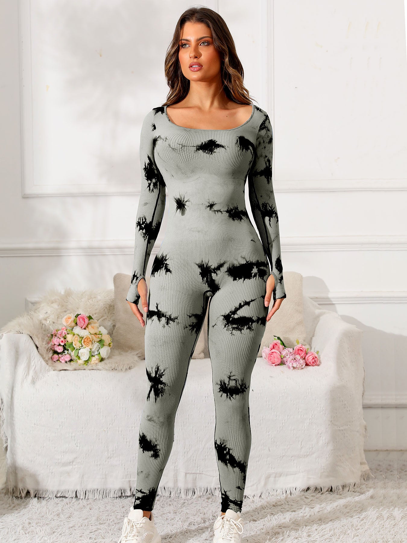 Buy gray Scoop Neck Long Sleeve Active Jumpsuit