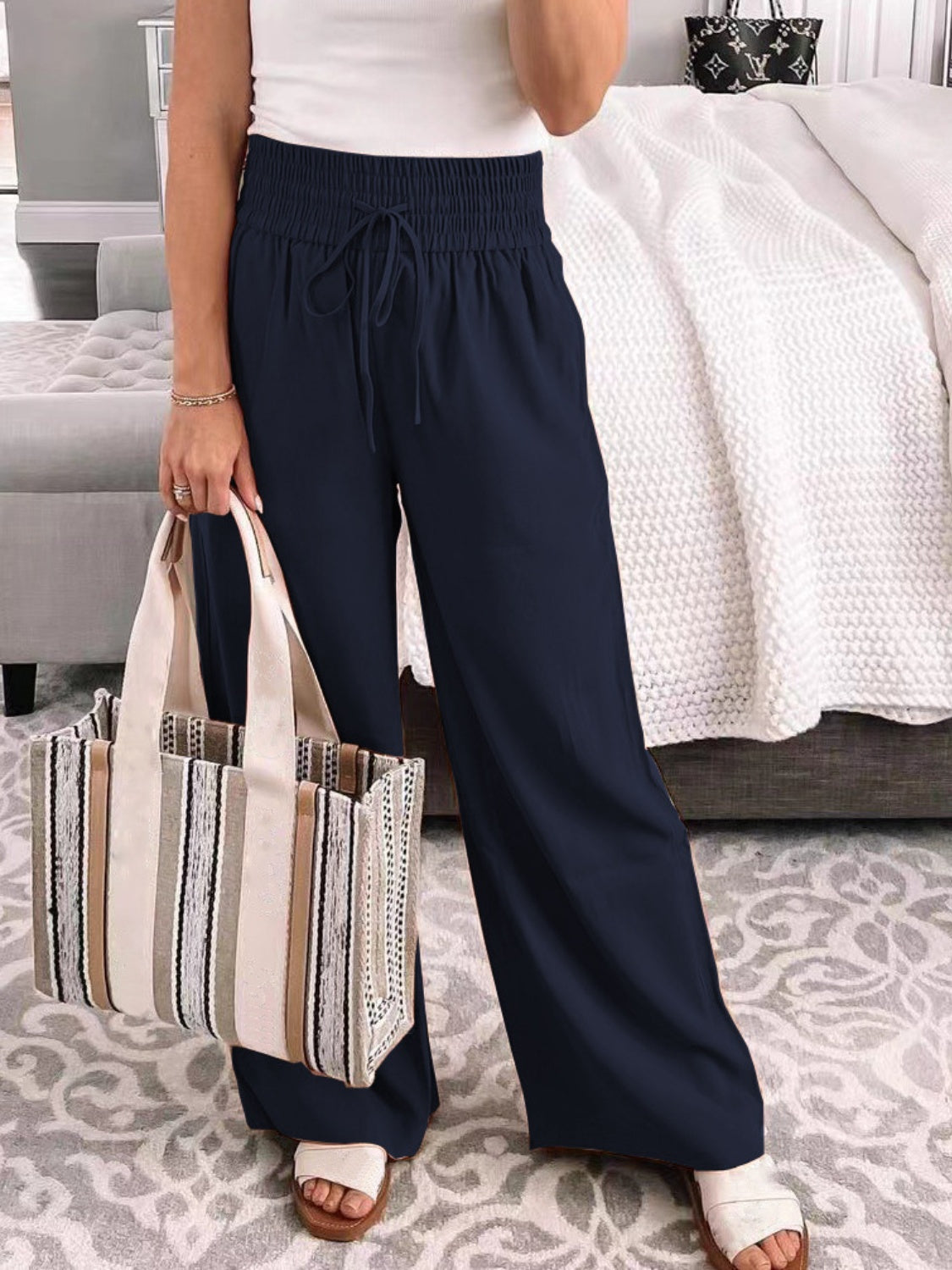 Buy navy Full Size Drawstring High Waist Wide Leg Pants