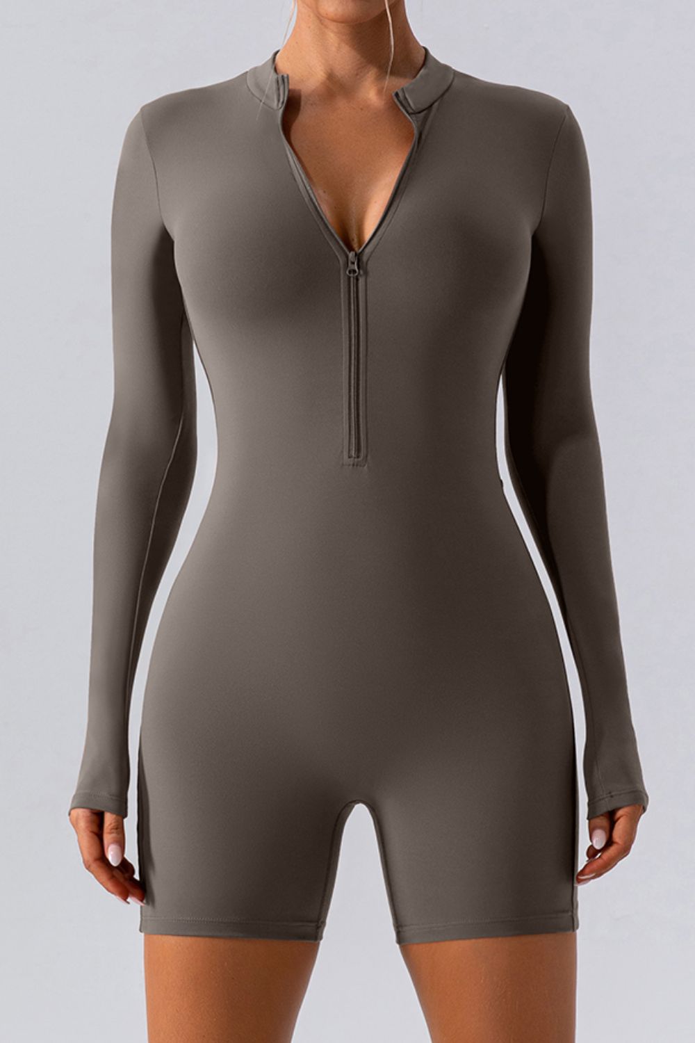 Buy dark-gray Half Zip Long Sleeve Active Romper