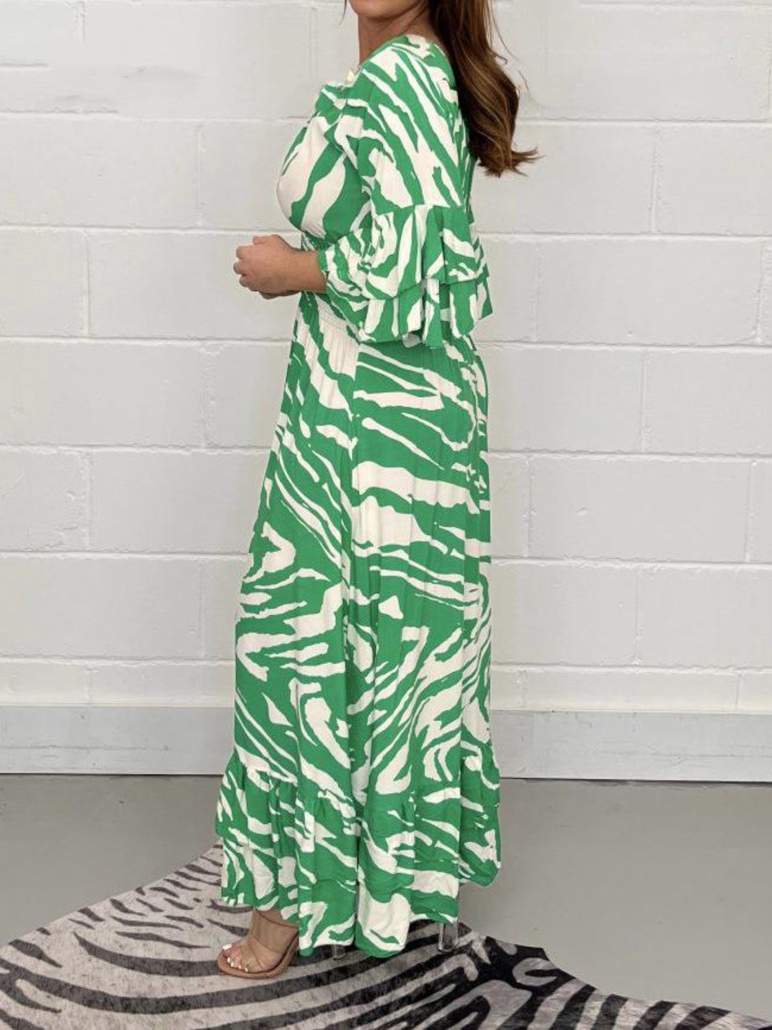 Buy green Smocked Printed Flounce Sleeve Maxi Dress