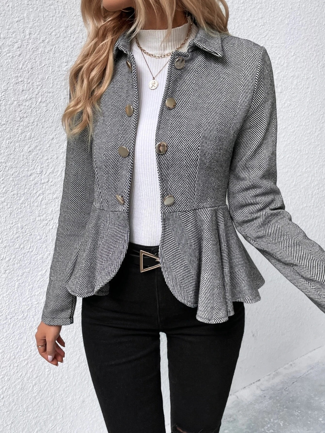 Buy gray Ruffle Hem Collared Blazer