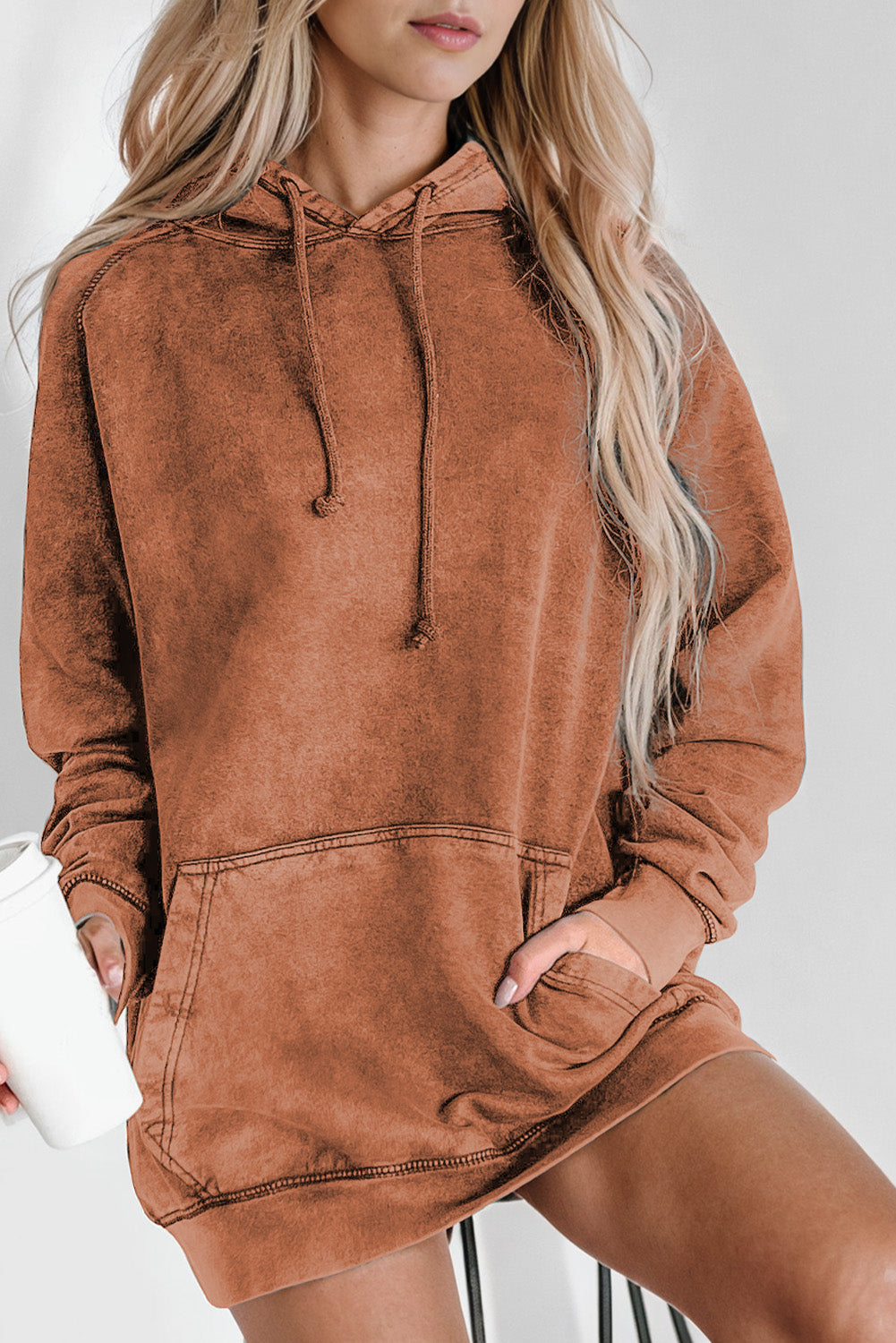 Buy taupe Long Sleeve Front Pocket Hoodie