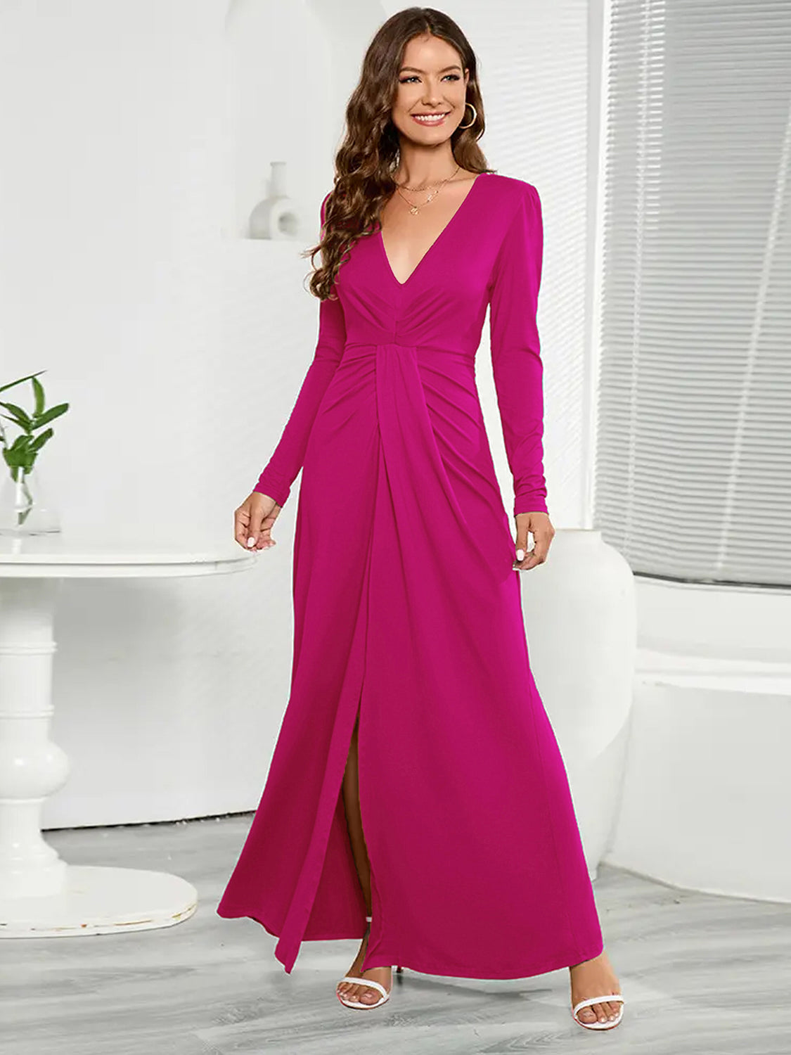 Buy hot-pink V-Neck Long Sleeve Split Dress