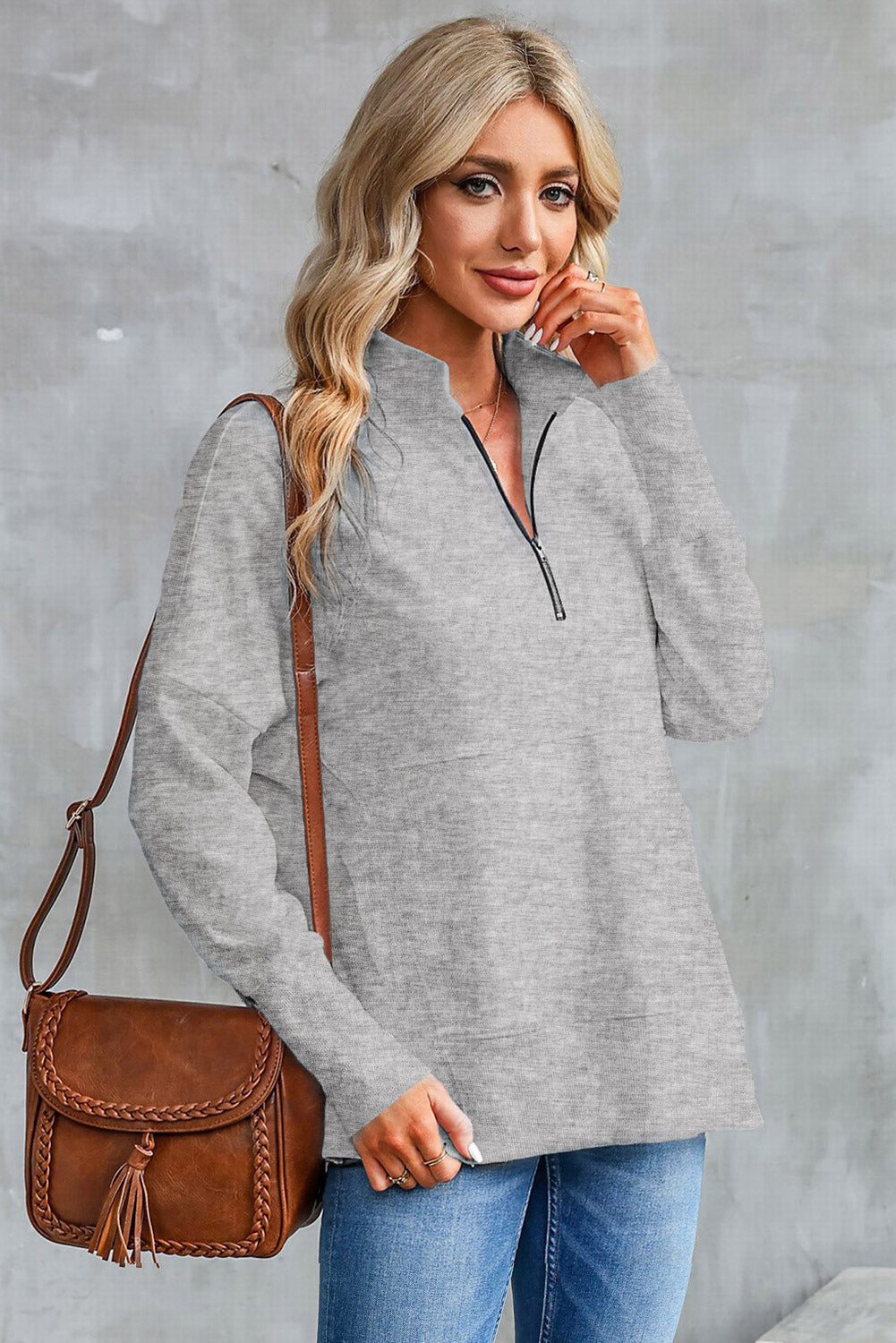 Buy dark-gray Half Zip Pocketed Dropped Shoulder Sweatshirt