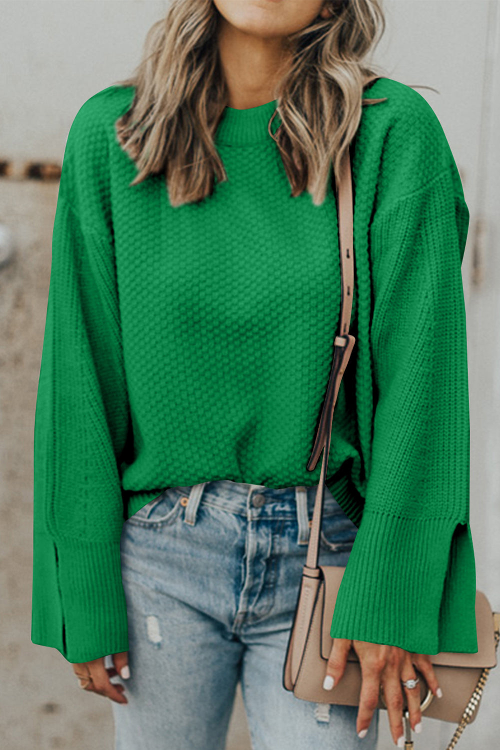 Buy dark-green Textured Round Neck Long Sleeve Sweater