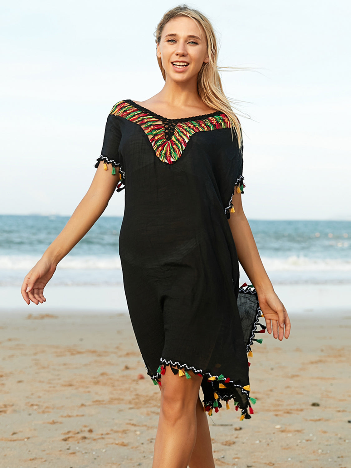 Buy black Tassel V-Neck Short Sleeve Cover Up