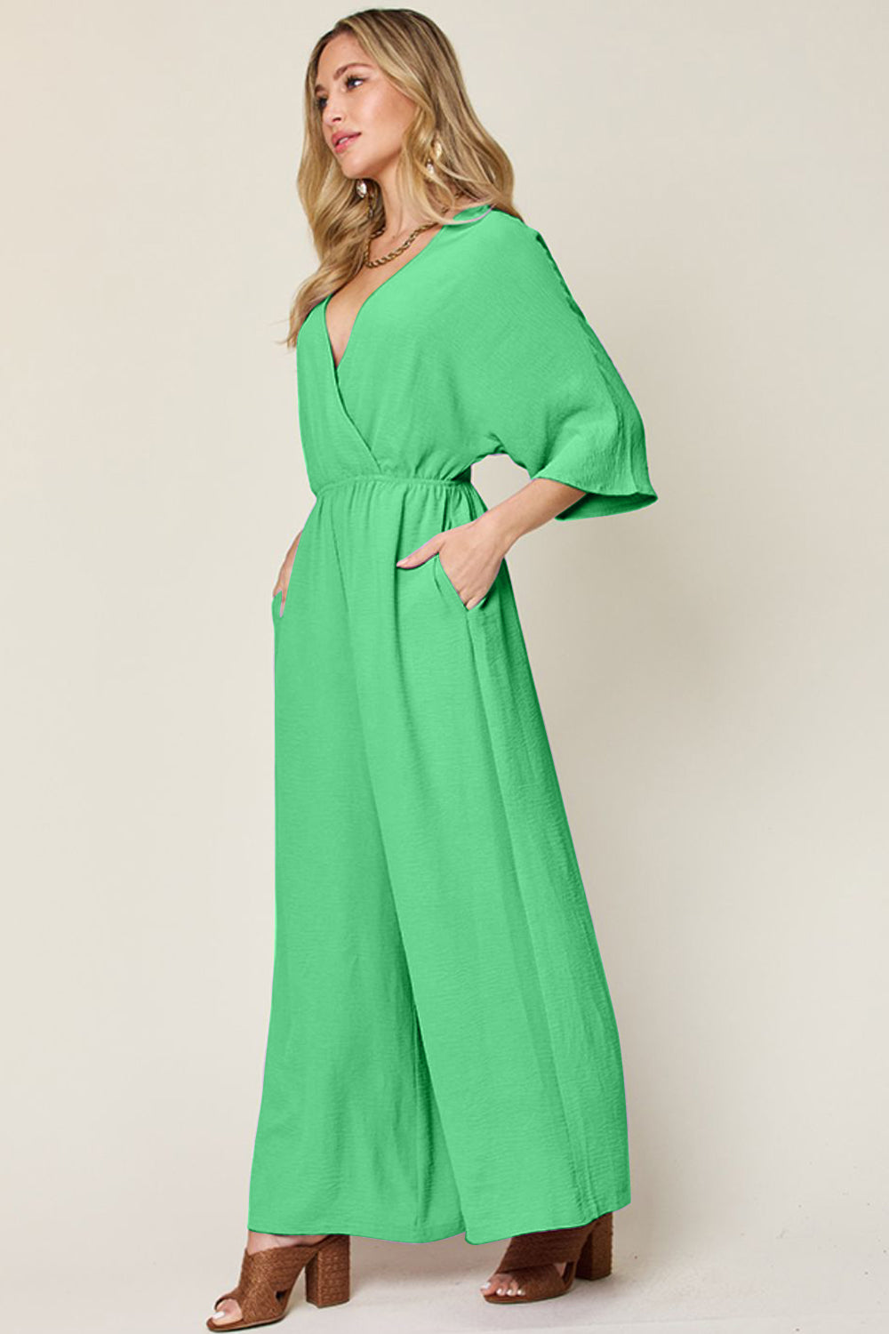 Buy mid-green Double Take Full Size Surplice Wide Leg Jumpsuit with Pockets