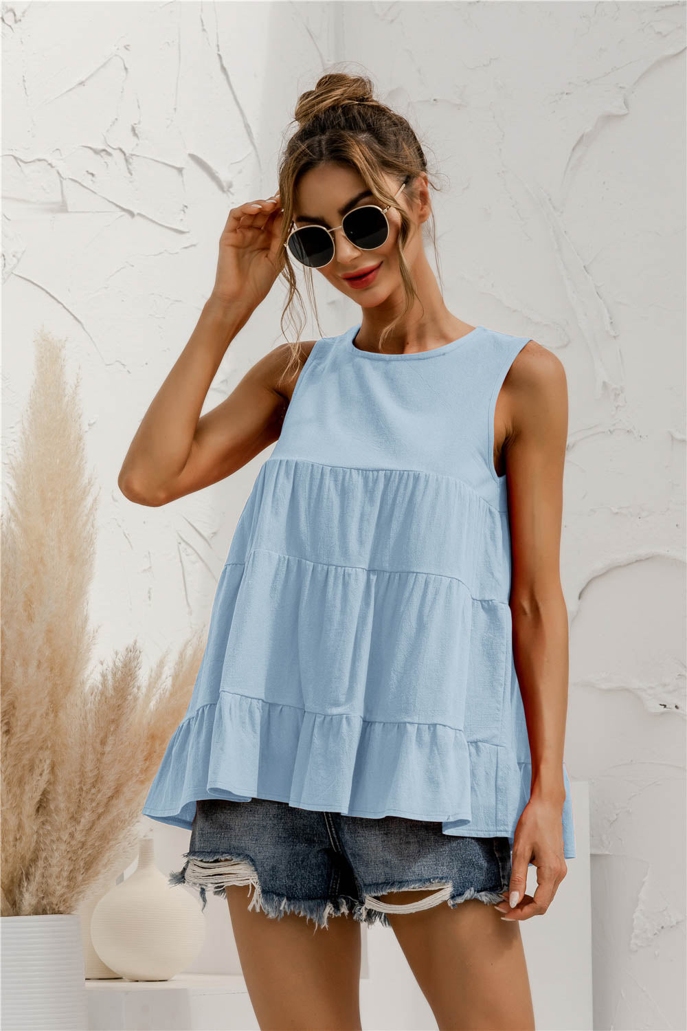 Buy pastel-blue Round Neck Tiered Tank