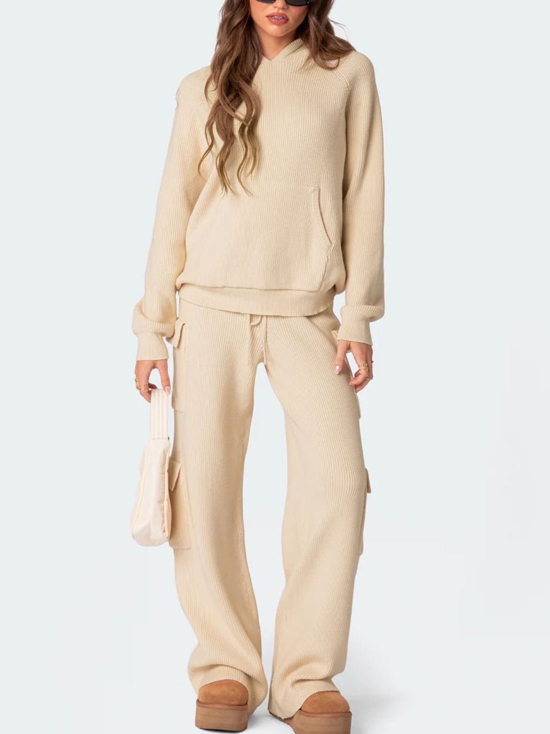 Buy tan Long Sleeve Hooded Top and Pants Sweater Set