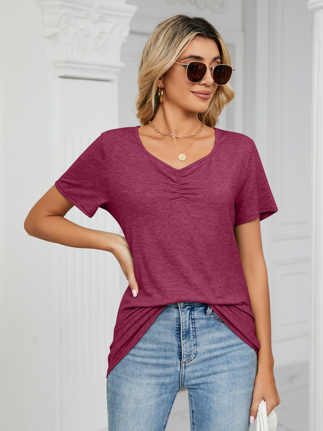 Buy deep-purple Ruched V-Neck Short Sleeve T-Shirt