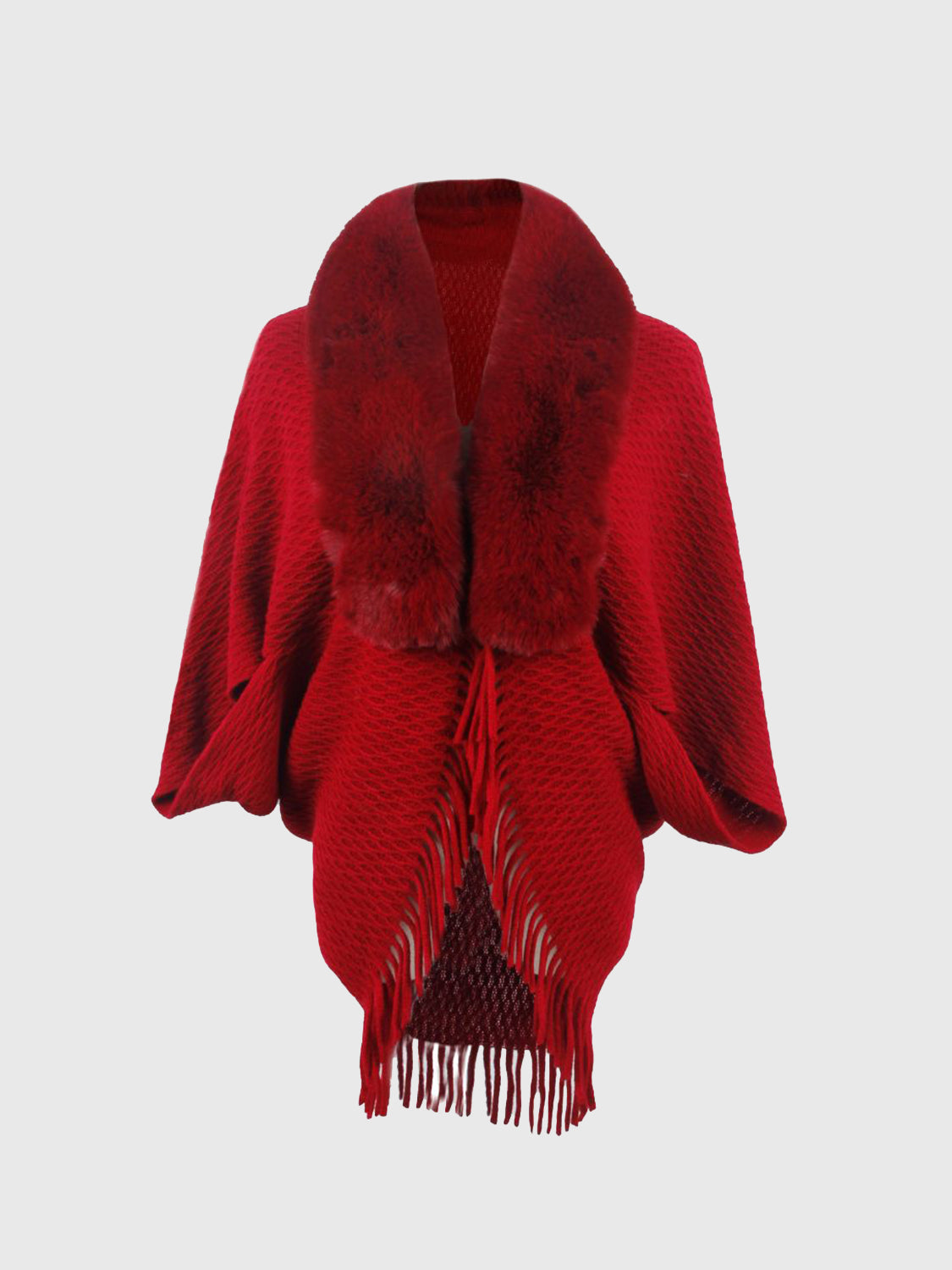 Buy deep-red Open Front Fringe Hem Poncho