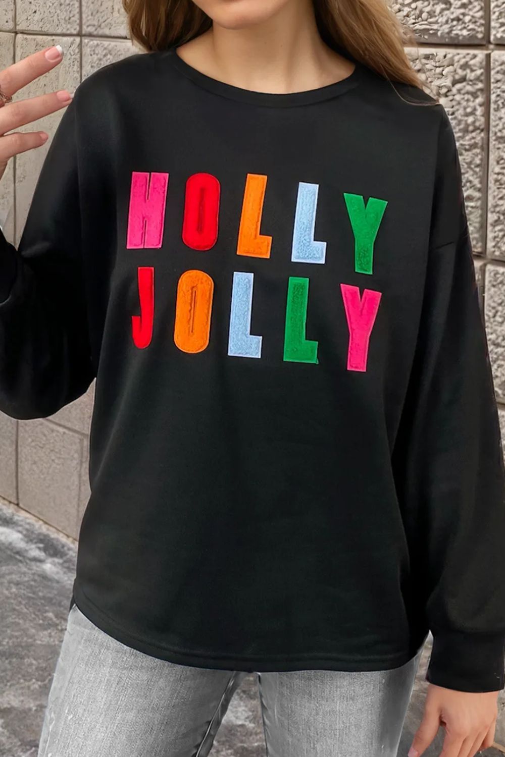 Buy black HOLLY JOLLY Round Neck Long Sleeve Top