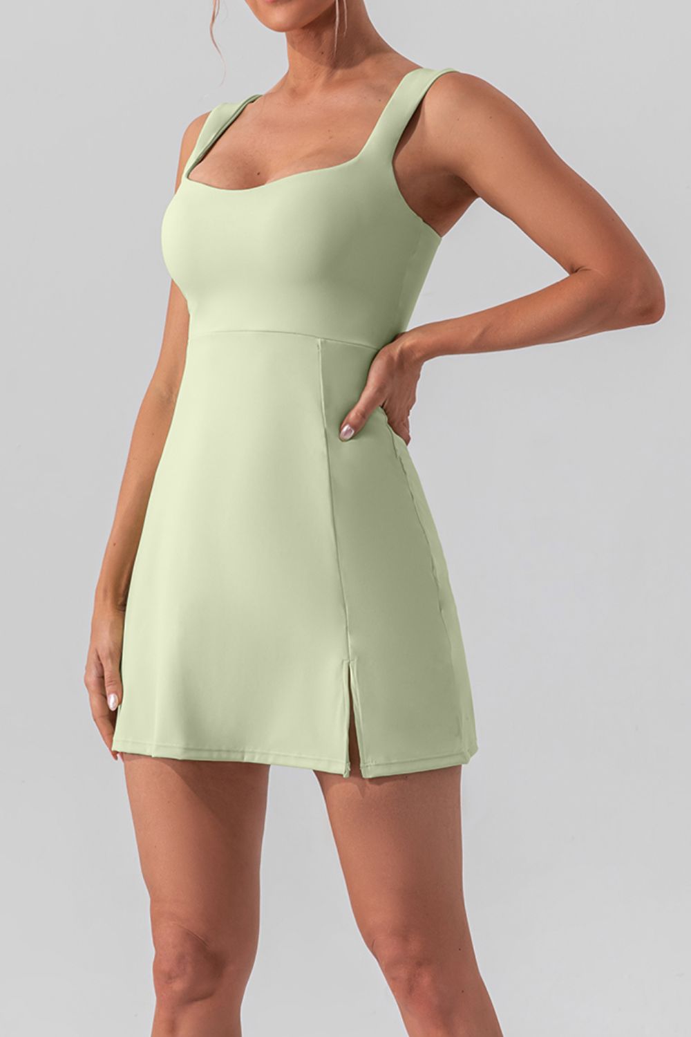 Buy light-green Square Neck Sleeveless Slit Mini Active Dress