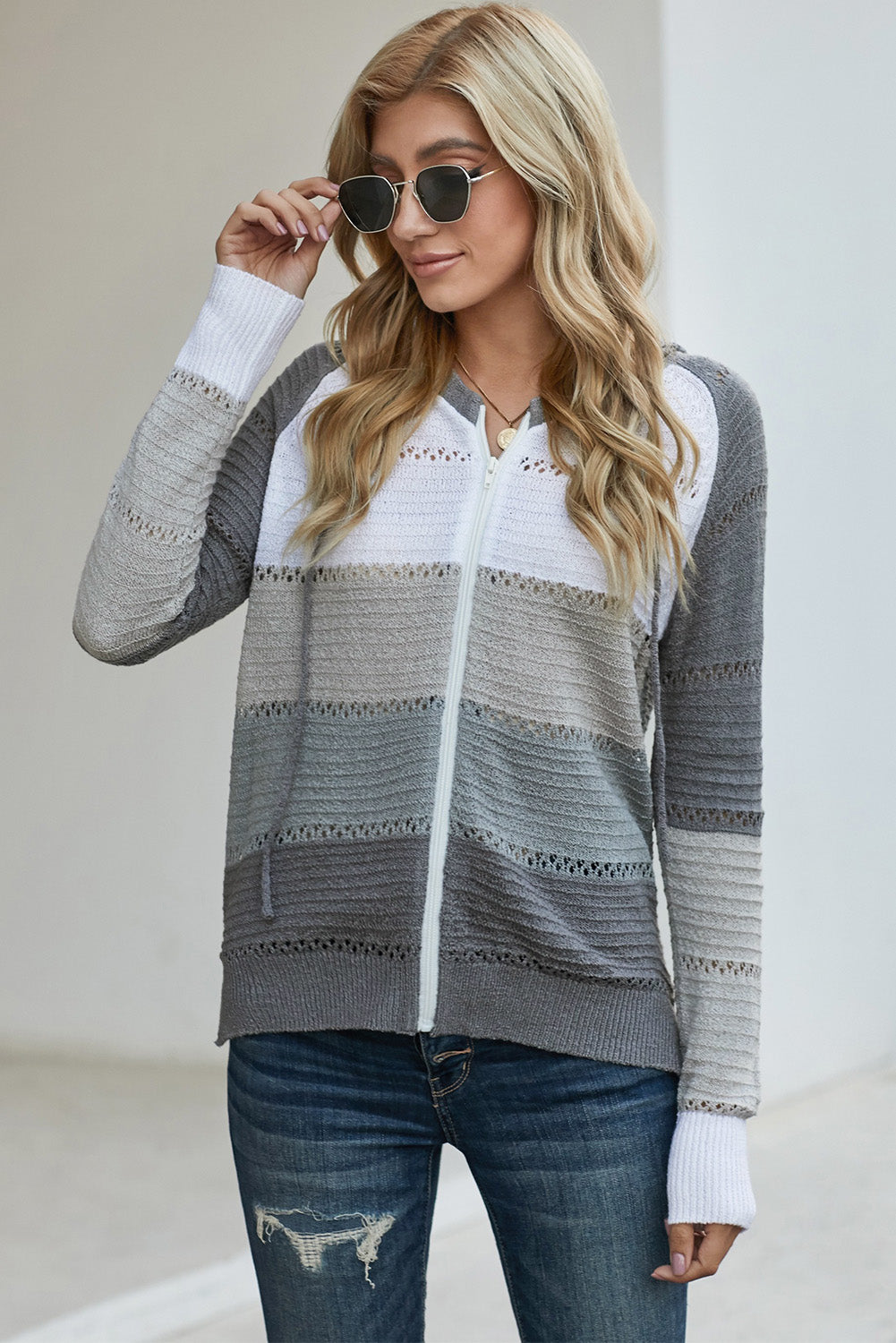 Buy gray-white Zip-Up Raglan Sleeve Openwork Hooded Cardigan