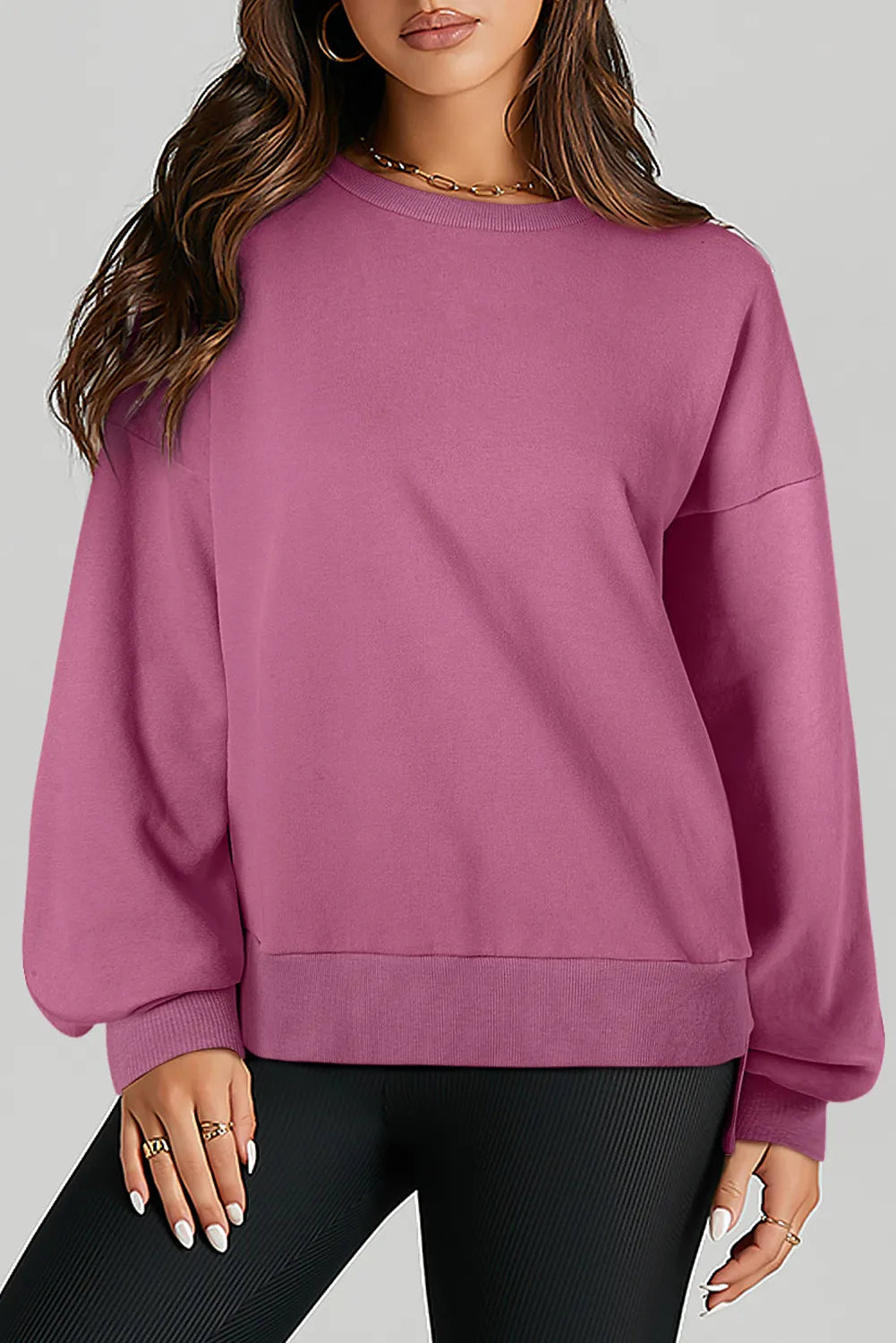 Buy dusty-pink High-Low Round Neck Long Sleeve Sweatshirt