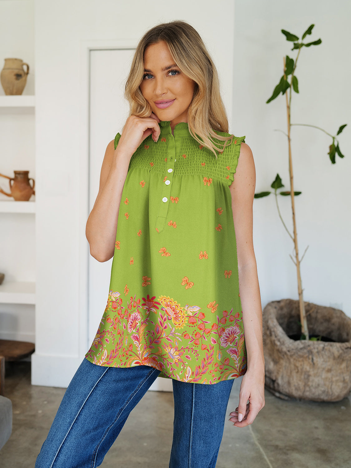 Buy lime FAM-FAM Frill Printed Mock Neck Top