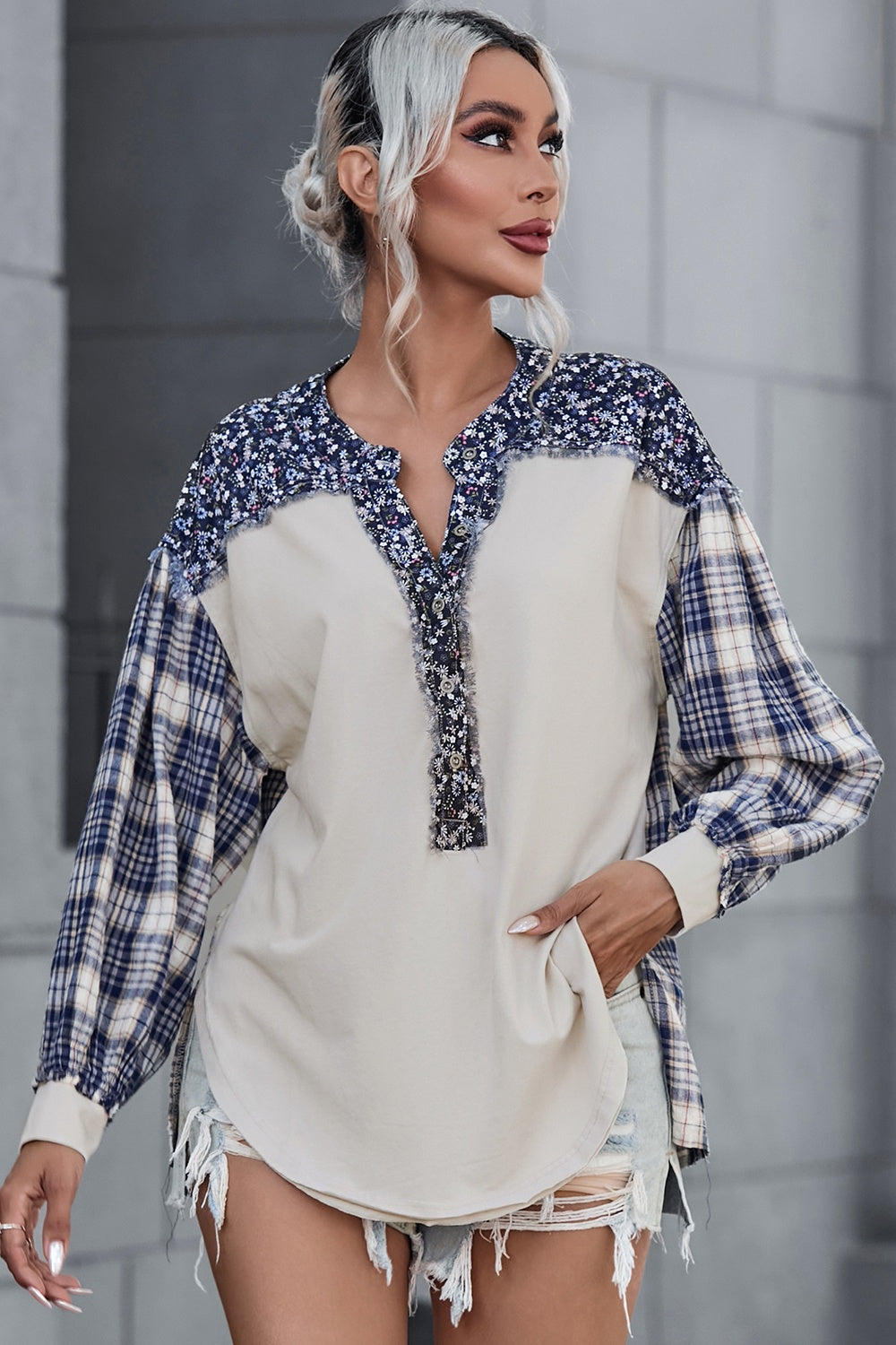 Buy beige Plaid Notched Neck Slit Blouse