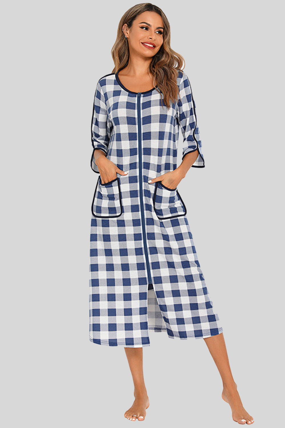 Buy french-blue Round Neck Three-Quarter Sleeve Midi Night Dress