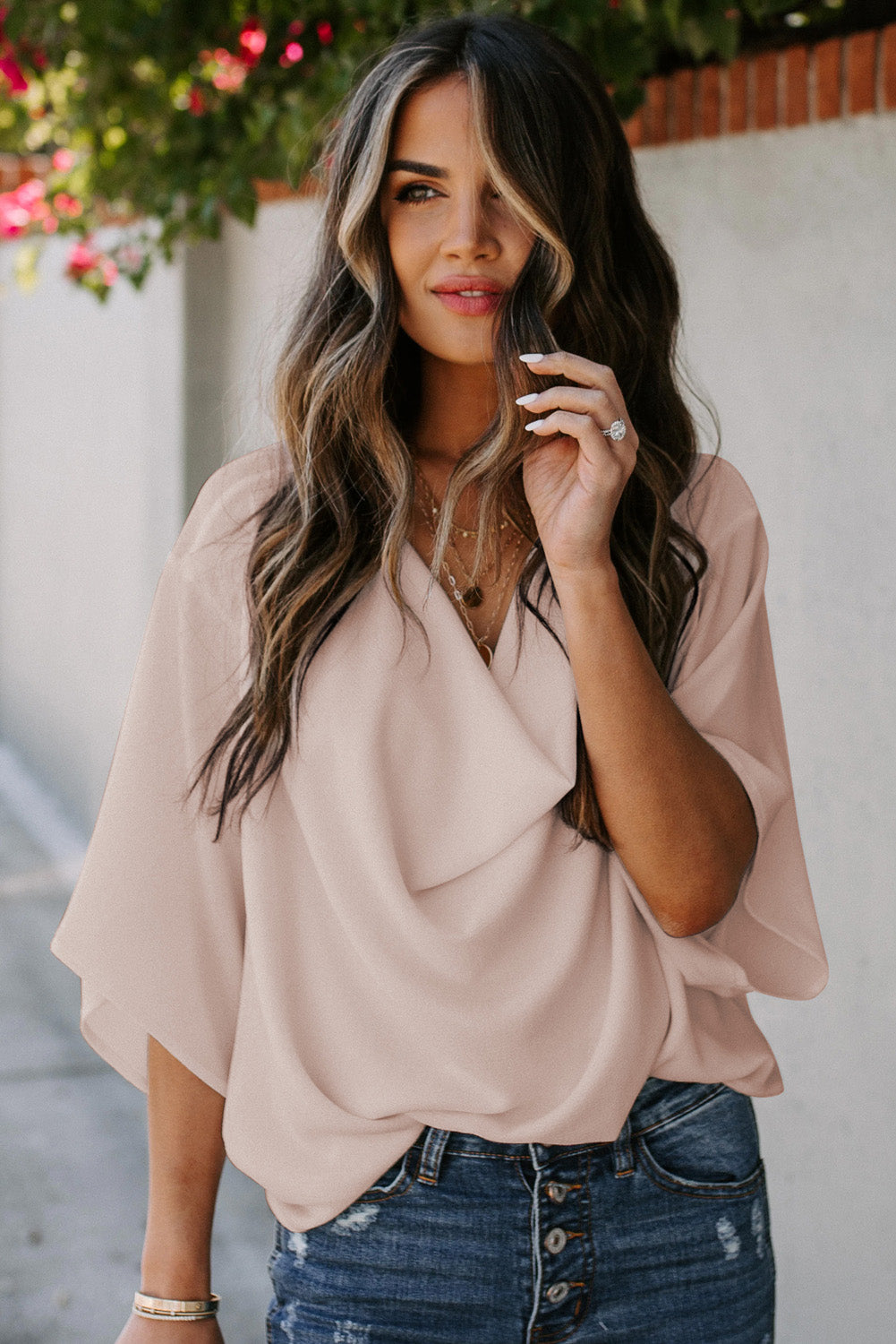 Buy apricot Short Sleeve Draped Blouse