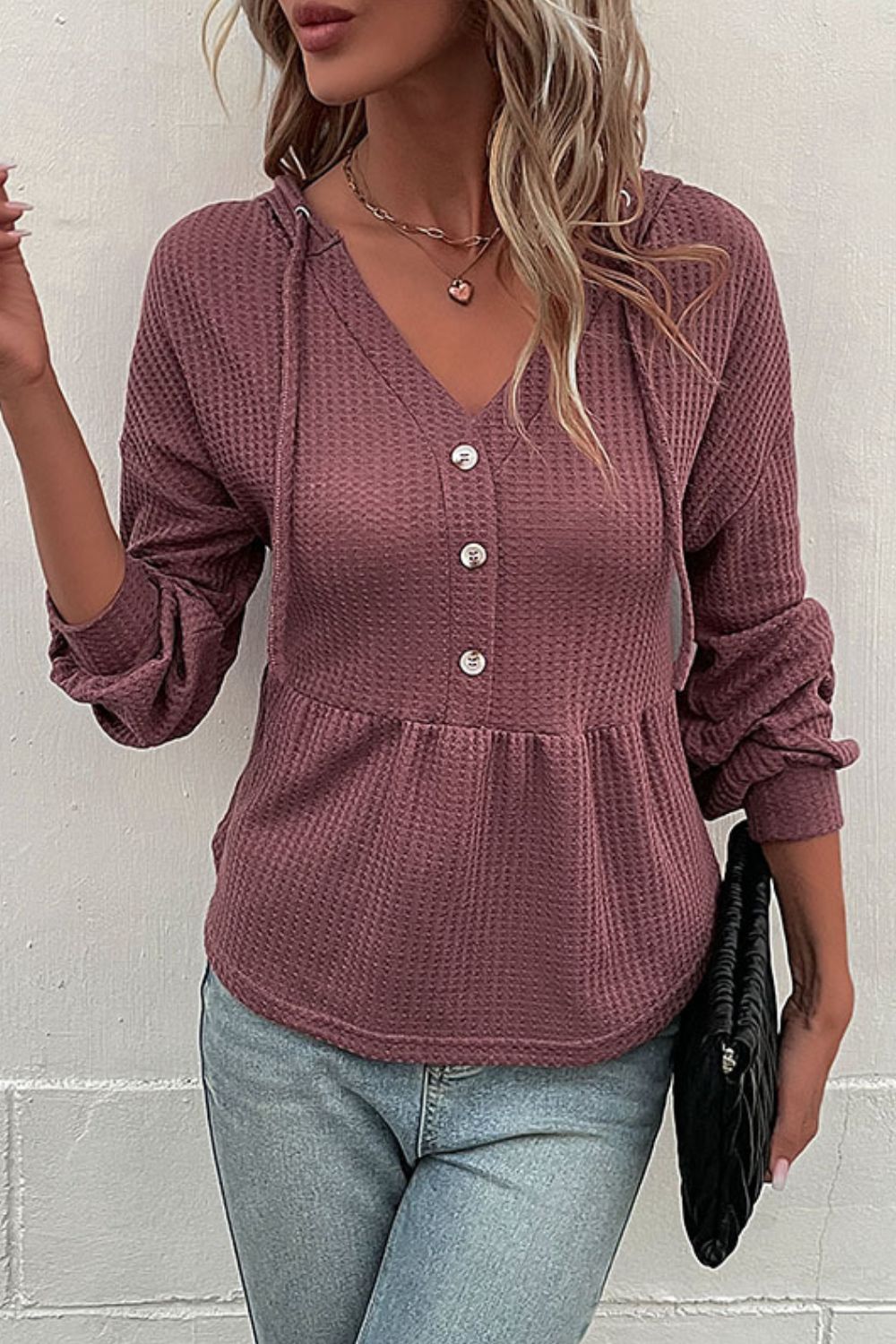 Perfee Waffle-Knit Buttoned Drop Shoulder Hoodie