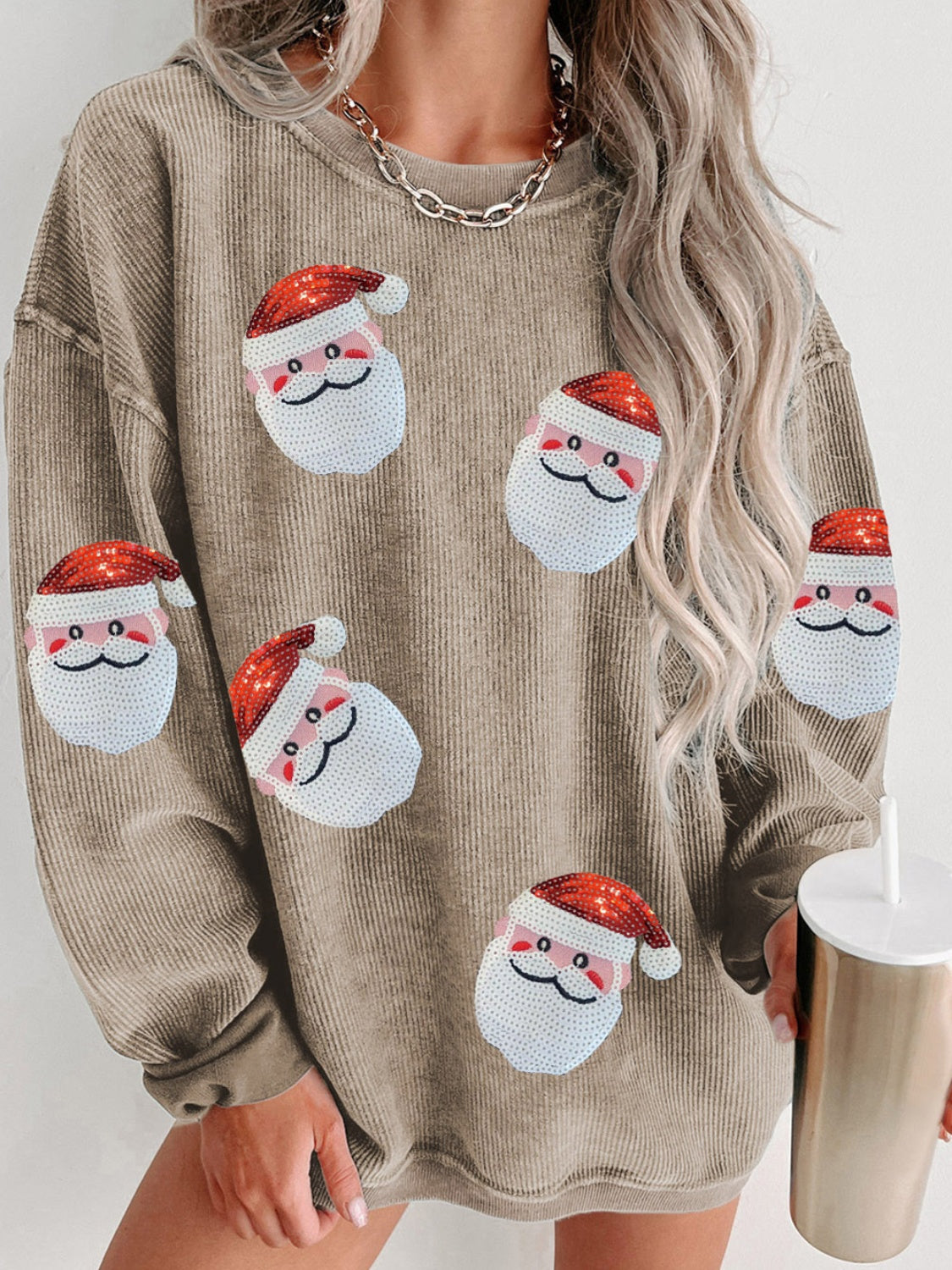 Buy camel Sequin Santa Patch Ribbed Sweatshirt