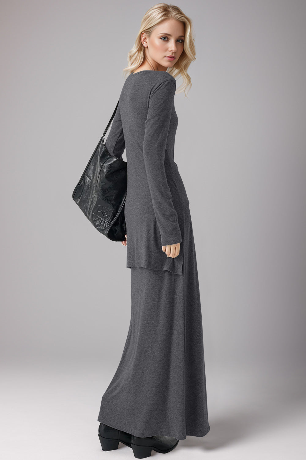 Buy dark-gray Basic Bae Tied Scoop Neck Long Sleeve Maxi Dress