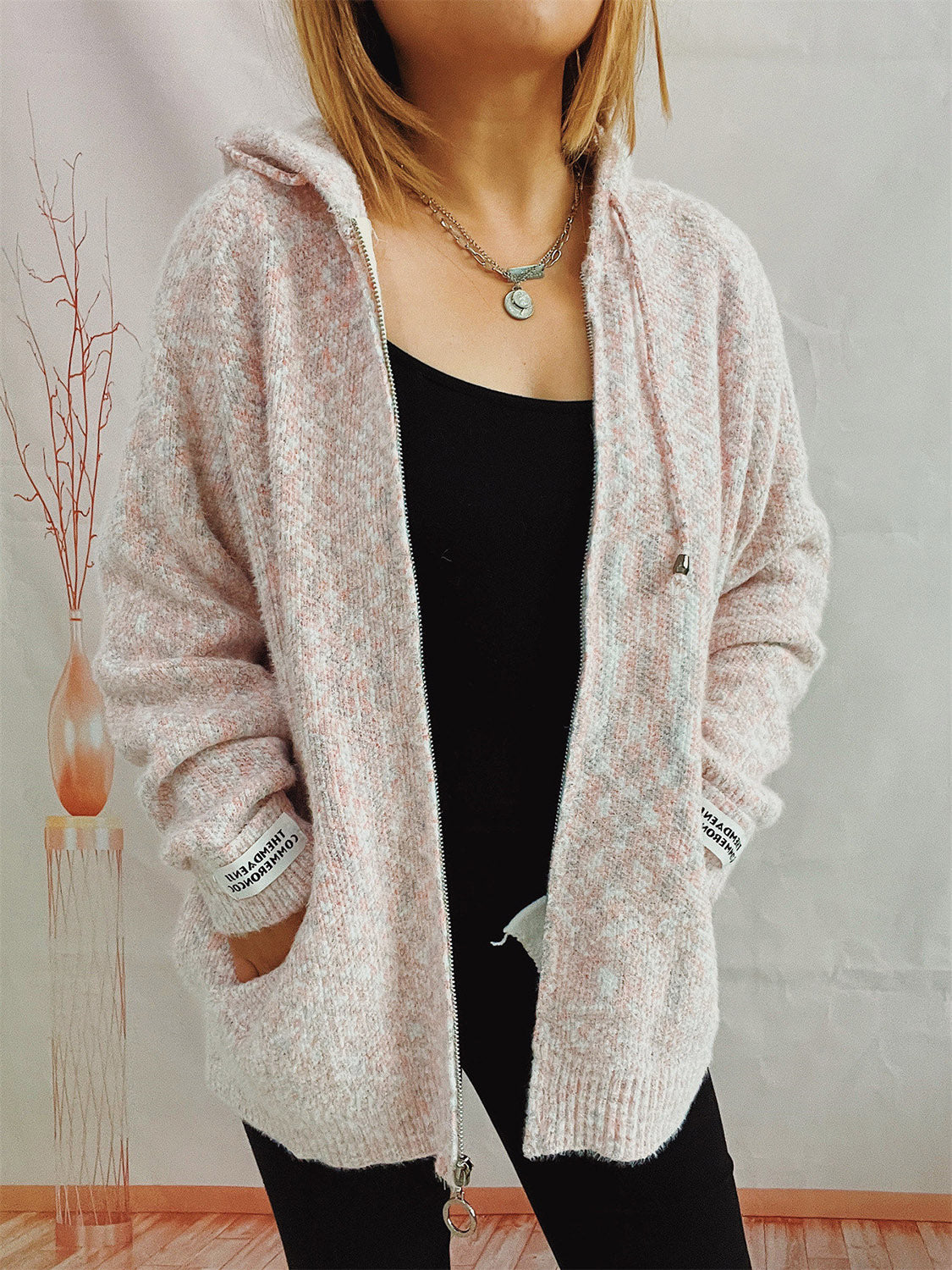 Buy blush-pink Zip Up Drawstring Long Sleeve Hooded Sweater