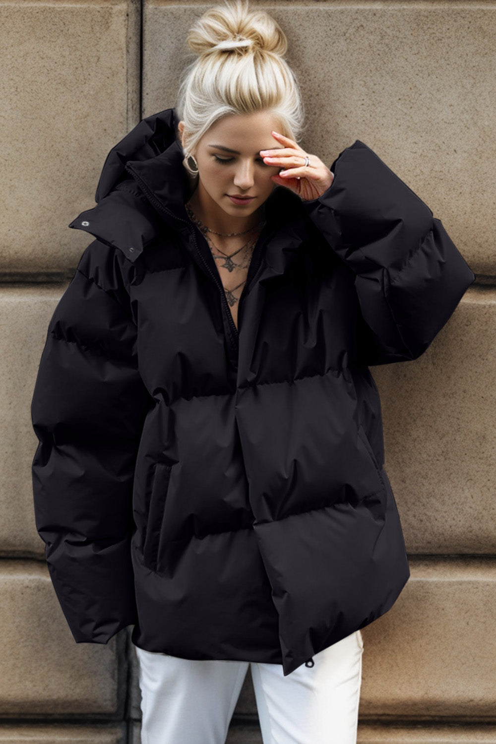 Buy black Pocketed Zip Up Hooded Puffer Jacket