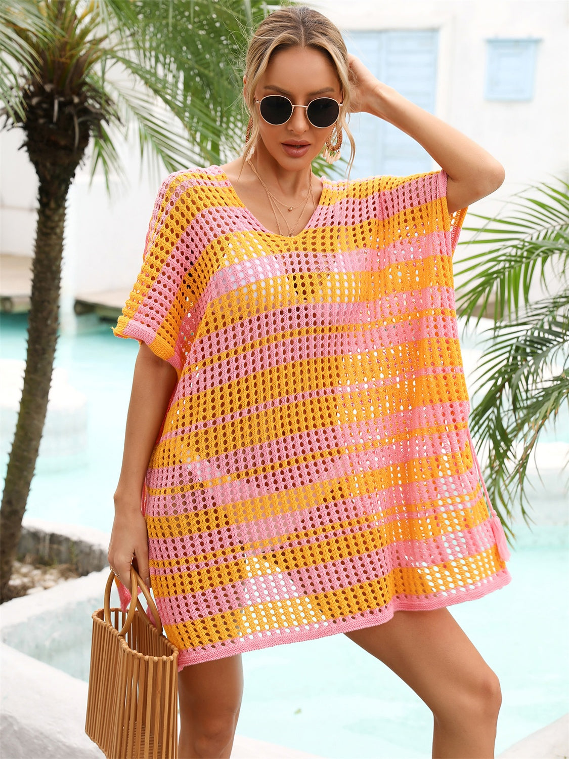 Angel Wings Tassel Openwork Striped V-Neck Cover Up