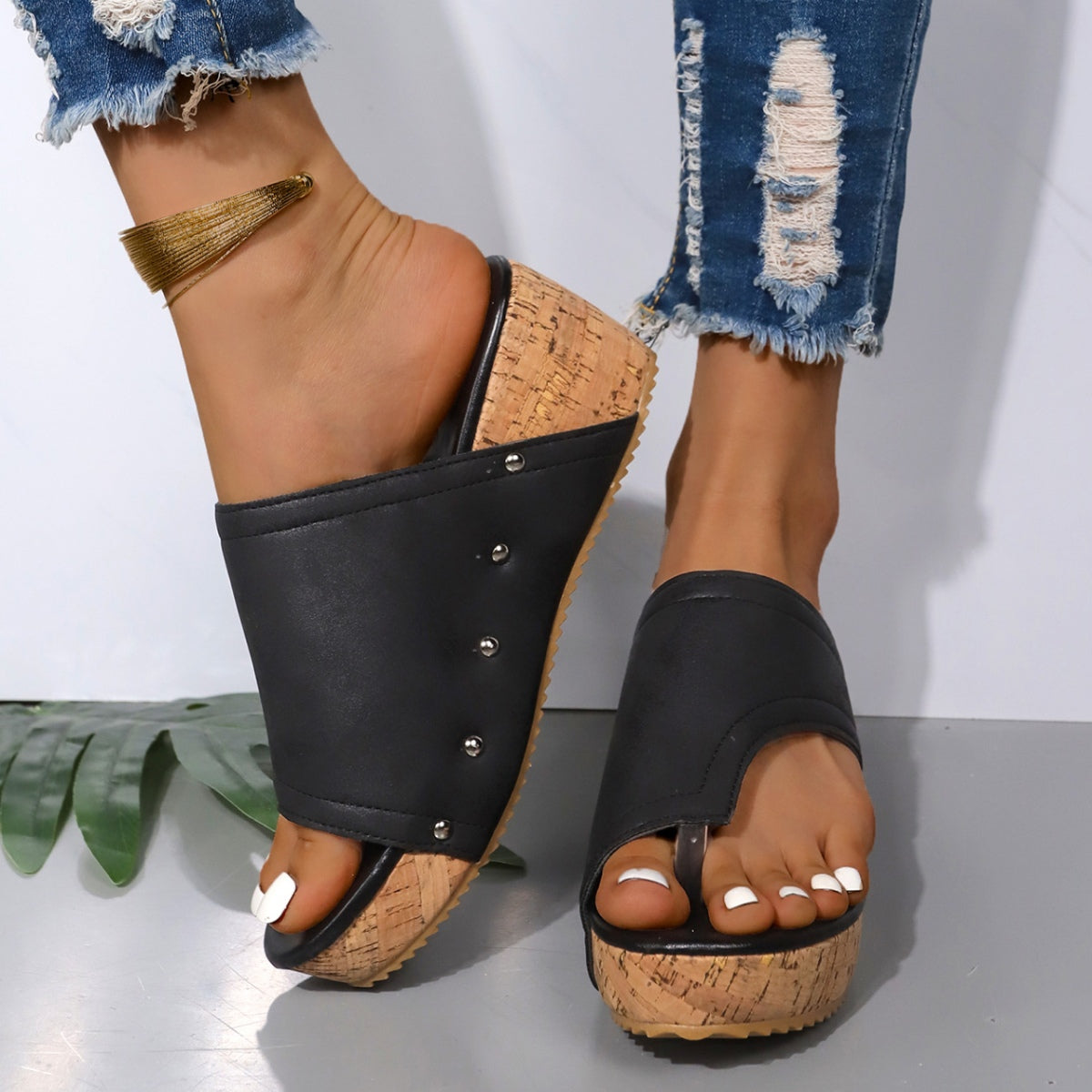 Buy black PU Leather Wedge Sandals