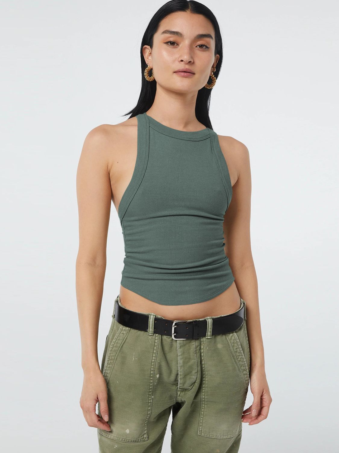 Buy deep-teal Halter Neck Ribbed Cropped Top