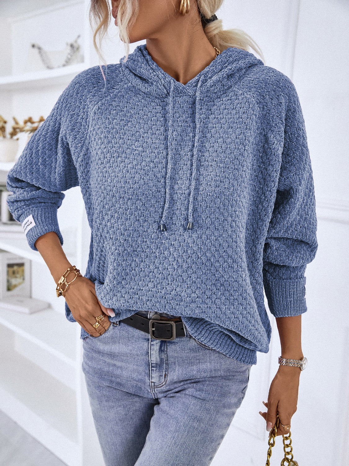 Buy french-blue Texture Drawstring Long Sleeve Hooded Sweater