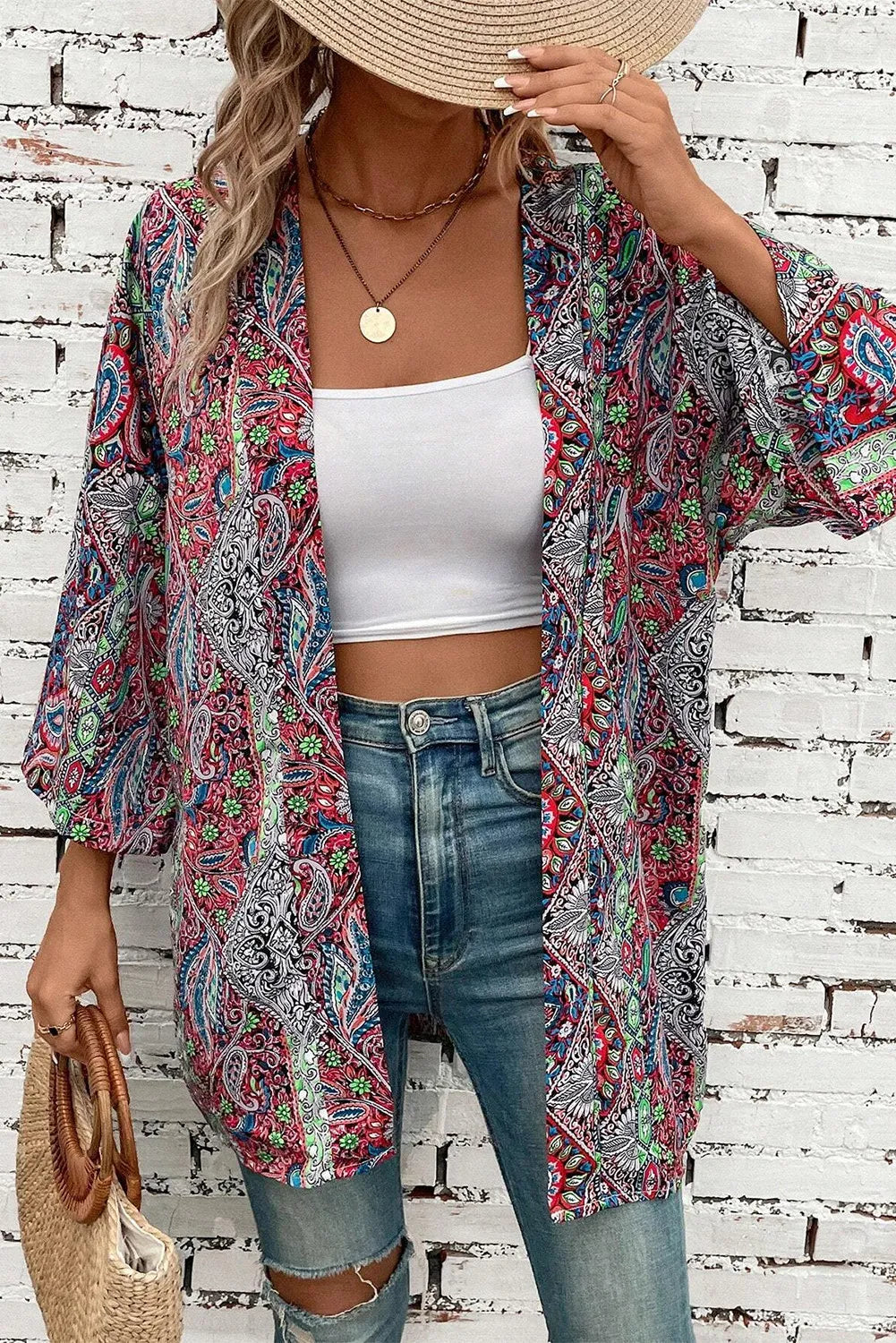 Printed Open Front Long Sleeve Cover Up