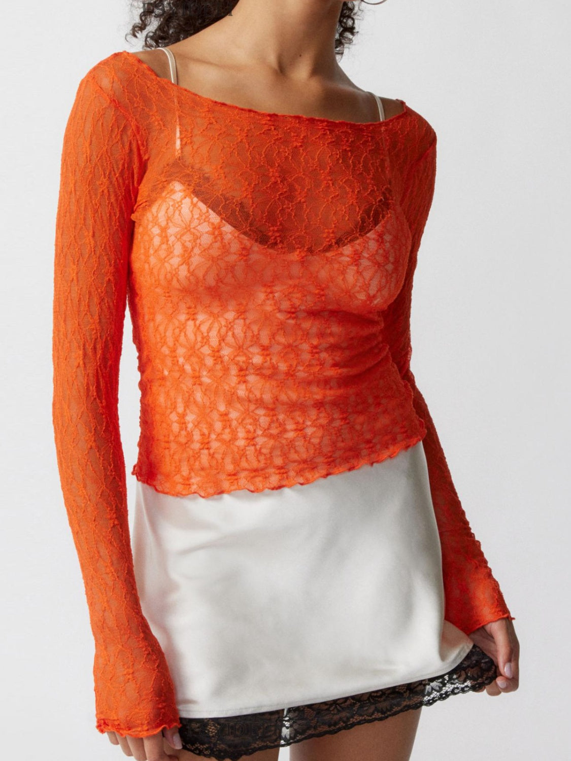 Buy orange Lace Boat Neck Long Sleeve Blouse