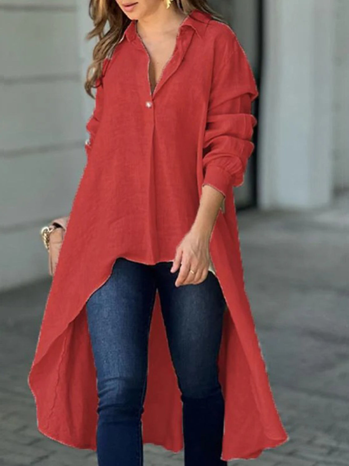 Buy deep-red Full Size High-Low Collared Neck Long Sleeve Shirt